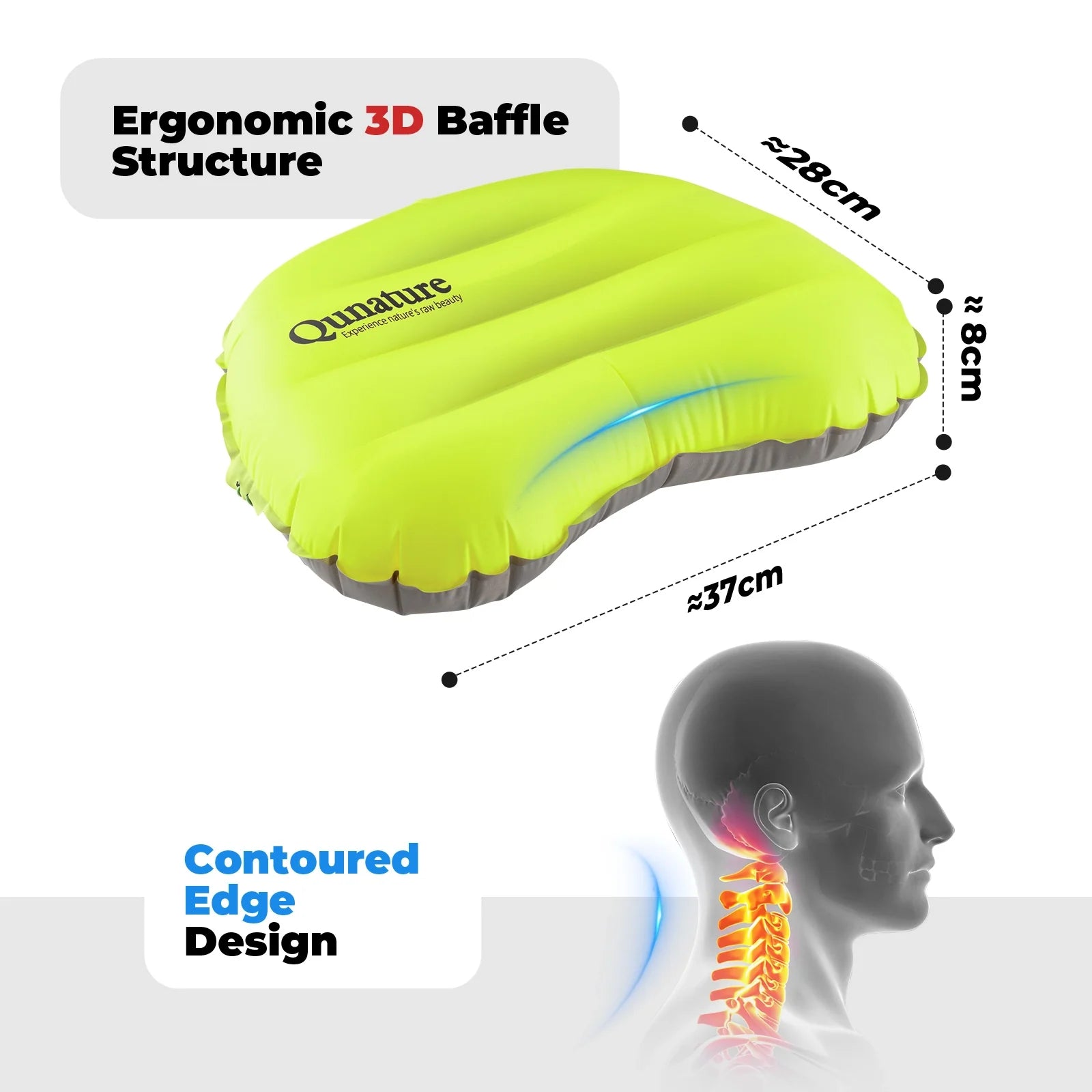 Qunature Ultralight inflatable camping pillow providing neck and lumbar support for hiking and outdoor sleeping.
