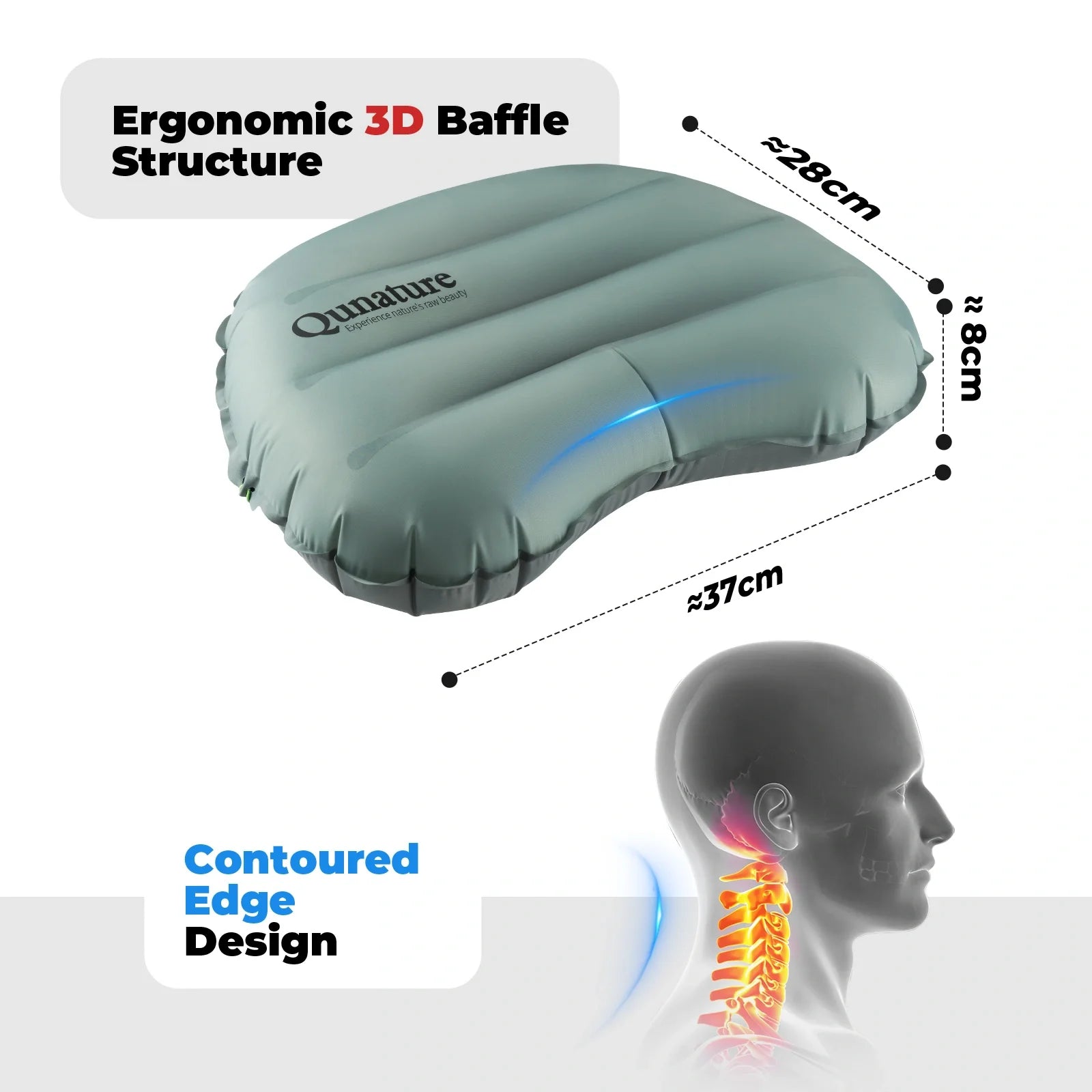 Qunature Ultralight inflatable camping pillow providing neck and lumbar support for hiking and outdoor sleeping.
