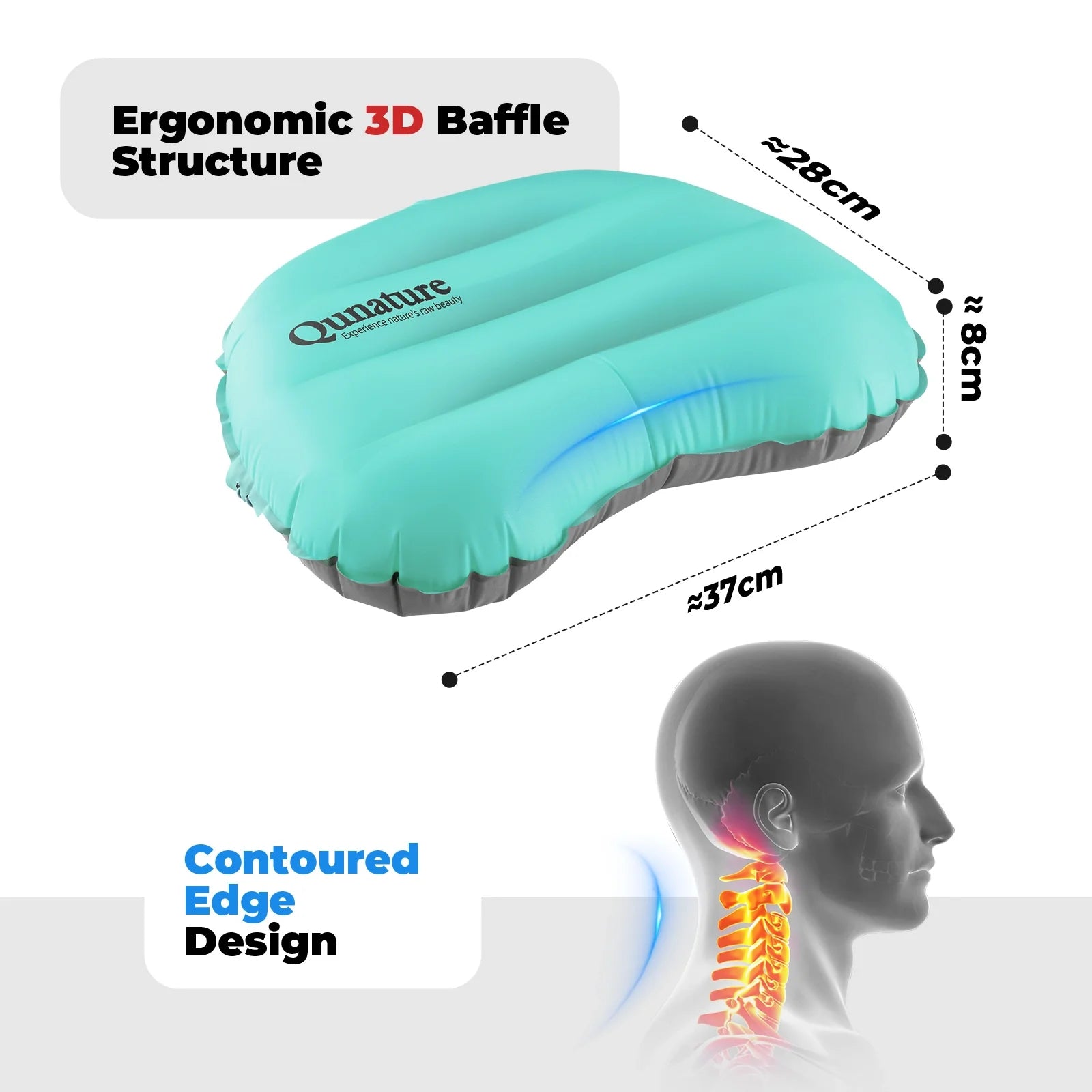 Qunature Global ultralight inflatable camping pillow, designed for neck and lumbar support during hiking and sleeping.
