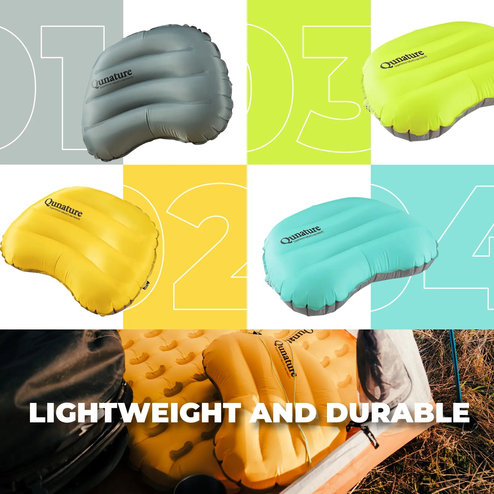 Ultralight inflatable camping pillow by Qunature Global, designed for neck and lumbar support during hiking and sleeping.