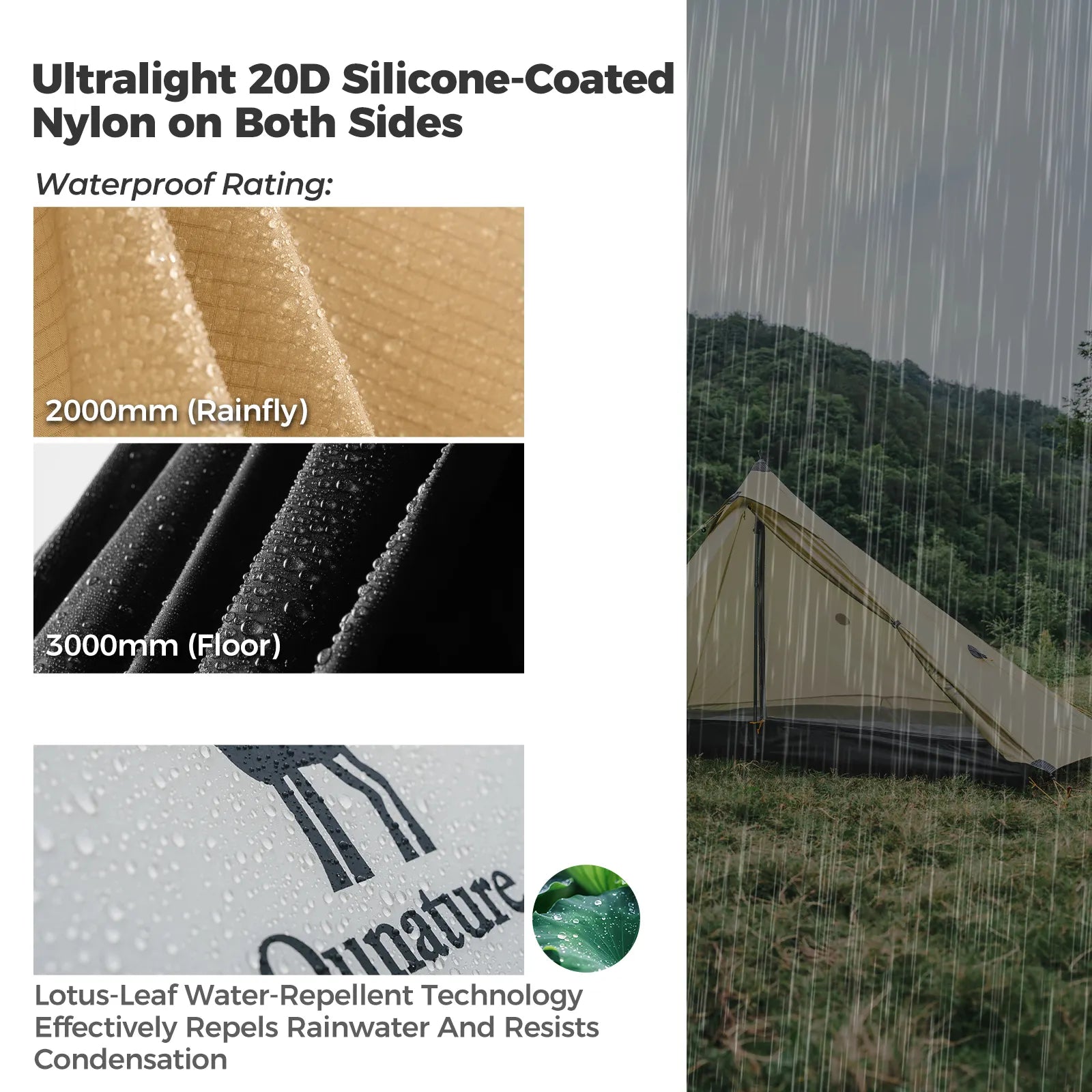 Qunature Global ultralight rainproof tent designed for easy setup and outdoor camping, featuring a rodless, lightweight, and durable structure.