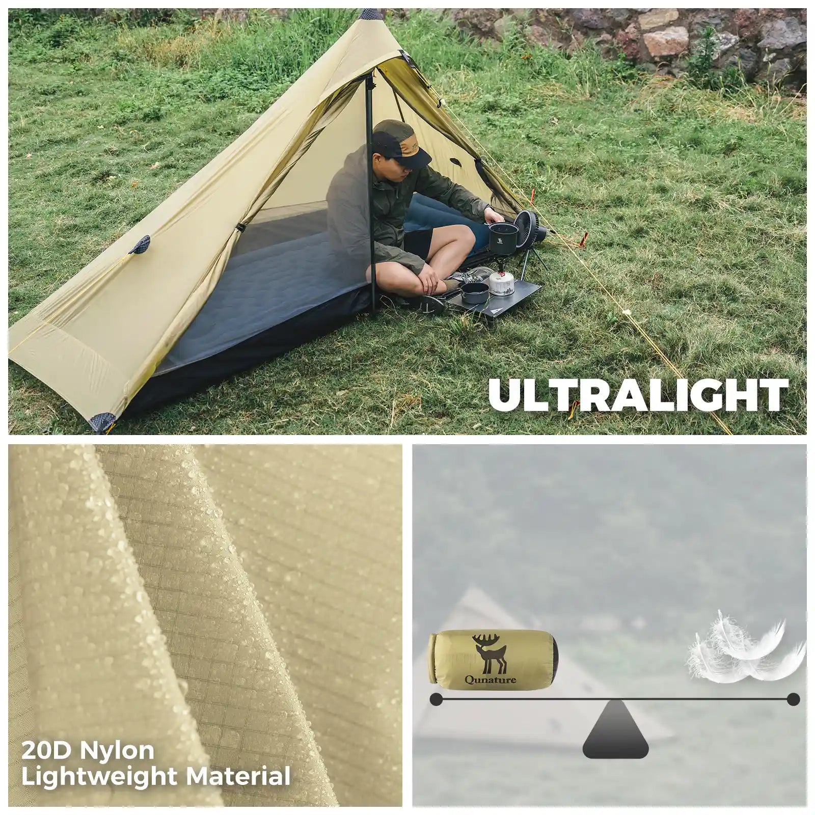 Qunature Global ultralight tent with rodless, rainproof design, easy setup for outdoor camping, shown in a natural outdoor setting.