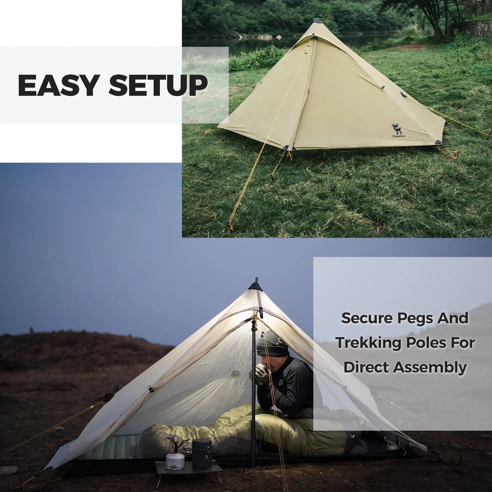 Qunature Global ultralight tent with rodless design, rainproof fabric, and easy setup for outdoor camping adventures.