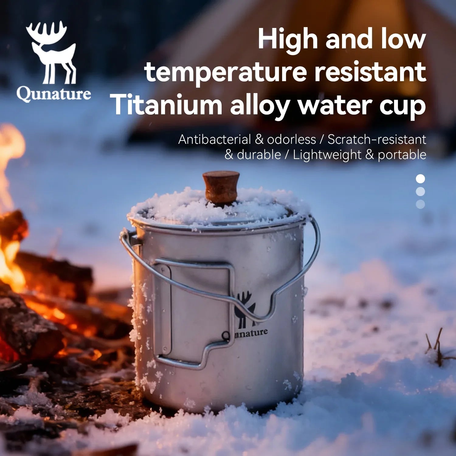 Qunature Global ultralight titanium camping mug 750 ml with a sleek design and sturdy handle, perfect for outdoor use.
