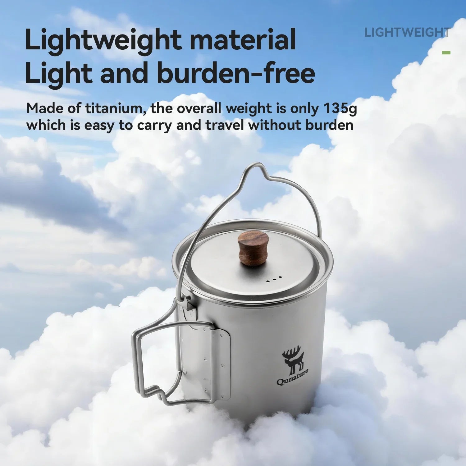 Qunature Global ultralight titanium camping mug 750 ml with a sleek design and sturdy handle, perfect for outdoor use.