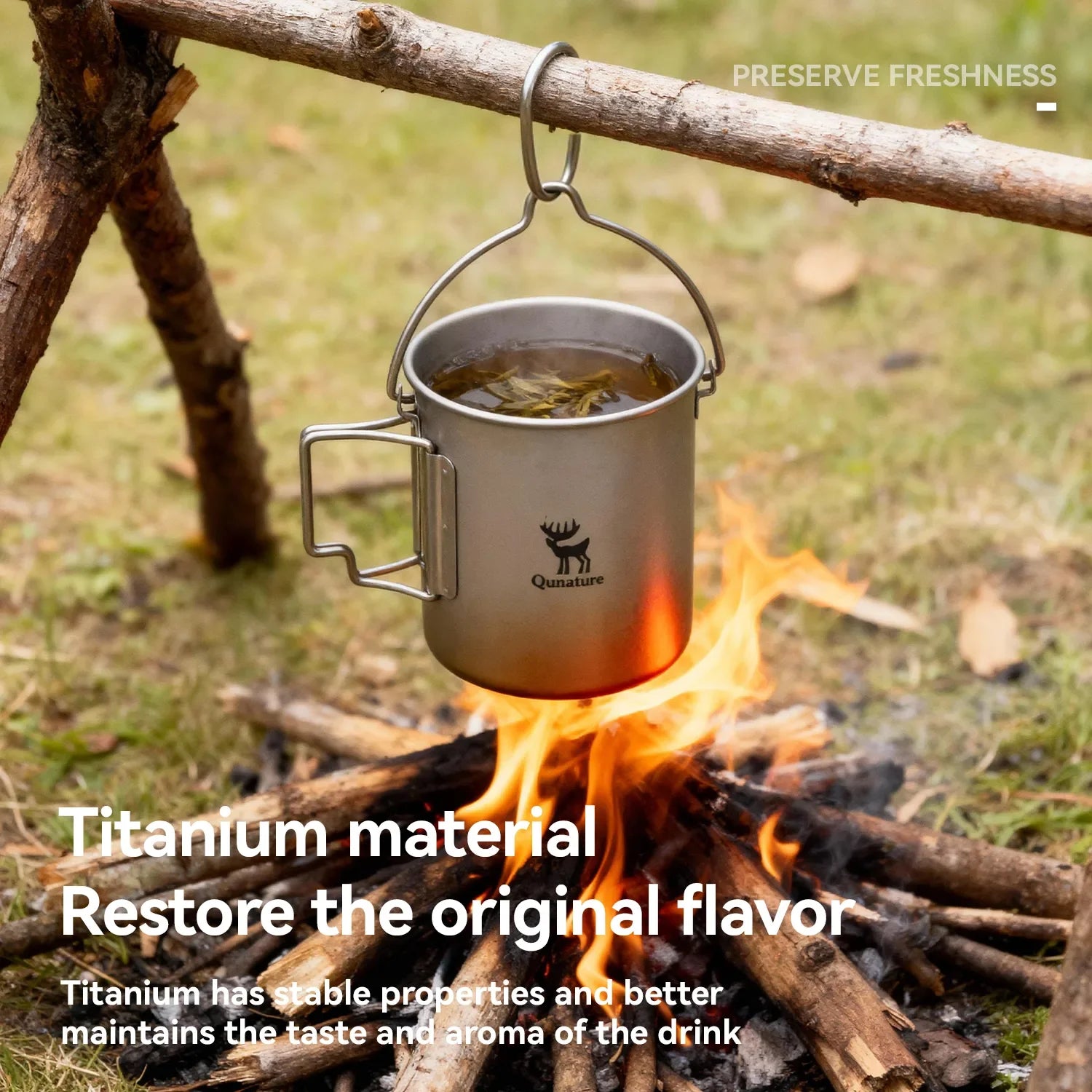 Qunature Global ultralight titanium camping mug 750 ml with a sleek design, ideal for outdoor adventures.