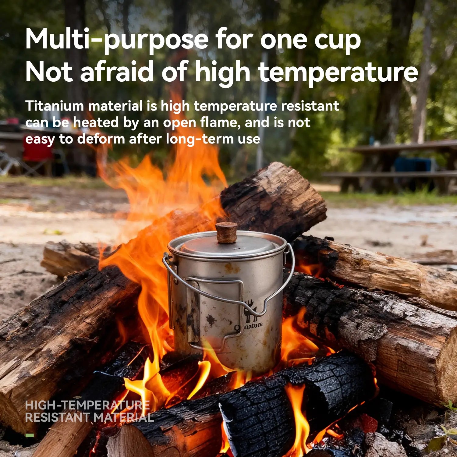 Qunature Global ultralight titanium camping mug 750 ml with a sleek design and ergonomic handle for outdoor use.