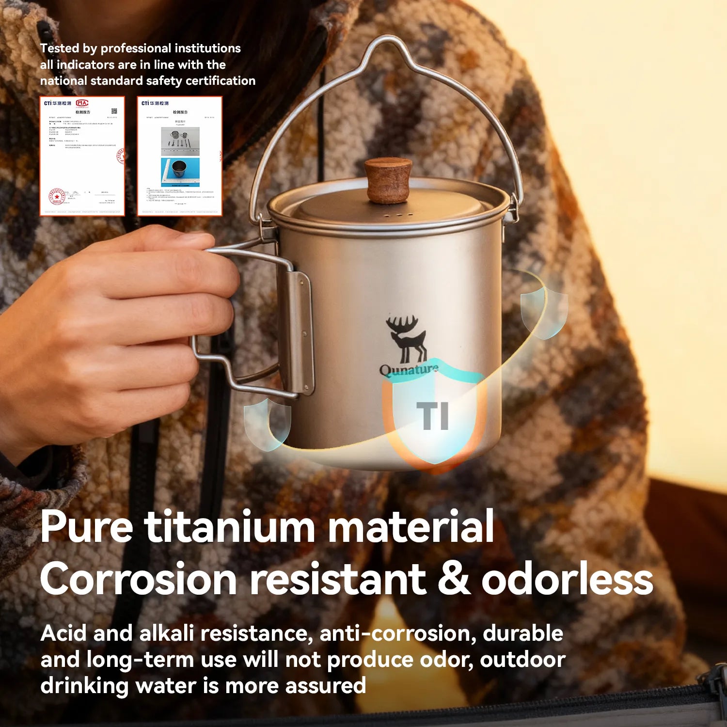 Qunature Global ultralight titanium camping mug, 750 ml, showcasing sleek design and lightweight construction for outdoor use.