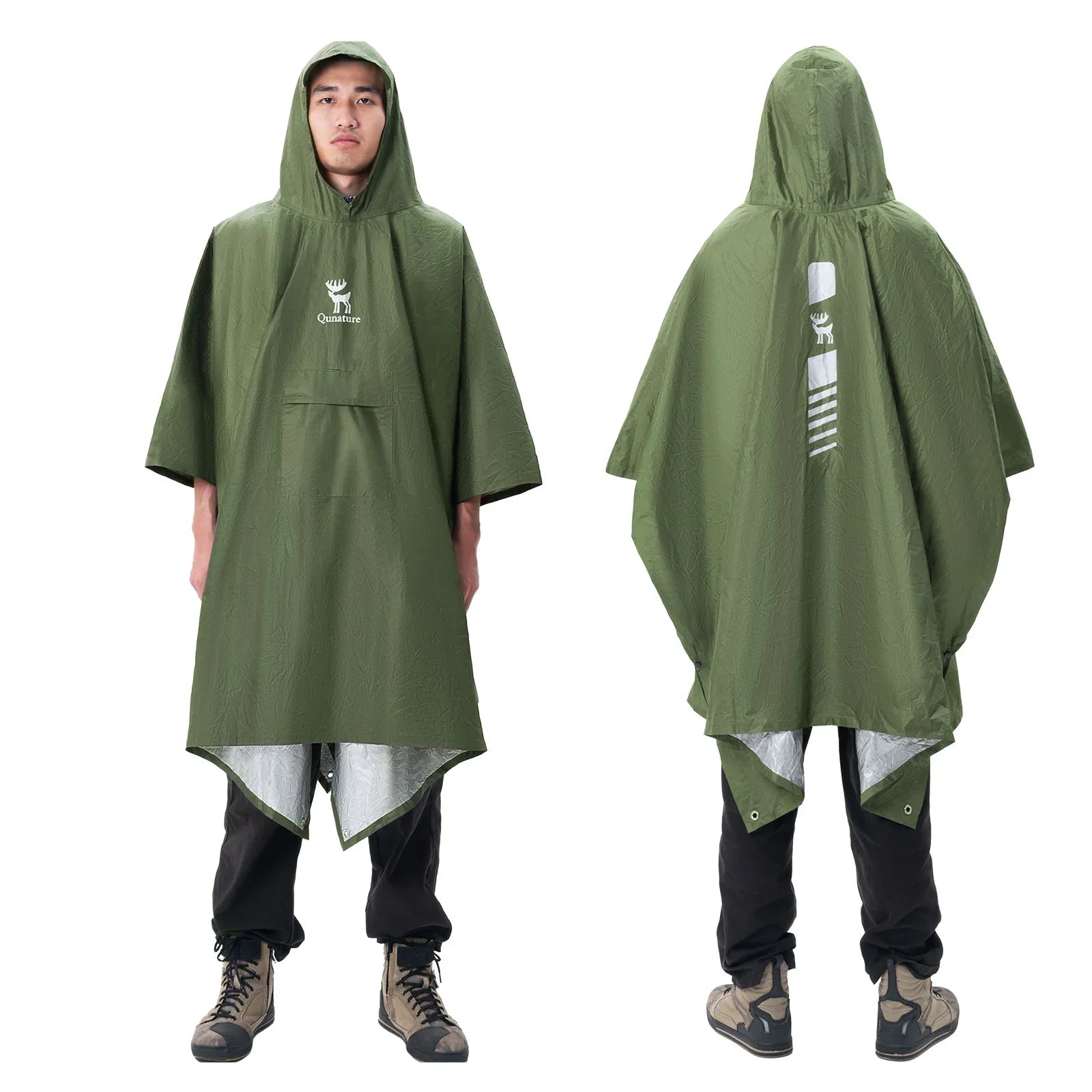 Unisex waterproof raincoat with front pocket, suitable for hiking and outdoor activities, made by Qunature Global.