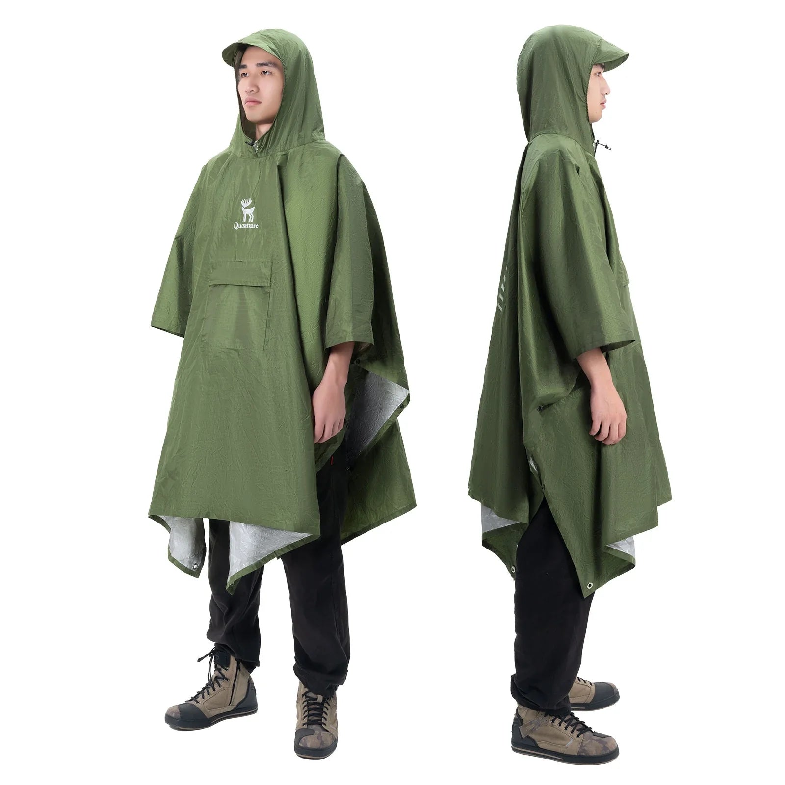 Unisex waterproof raincoat with front pocket, designed for hiking and outdoor activities by Qunature Global.