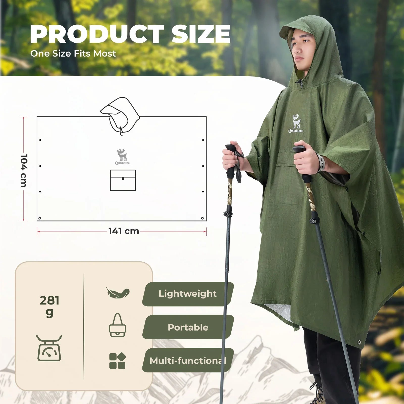 Unisex waterproof raincoat by Qunature Global with front pocket, perfect for hiking and outdoor activities.