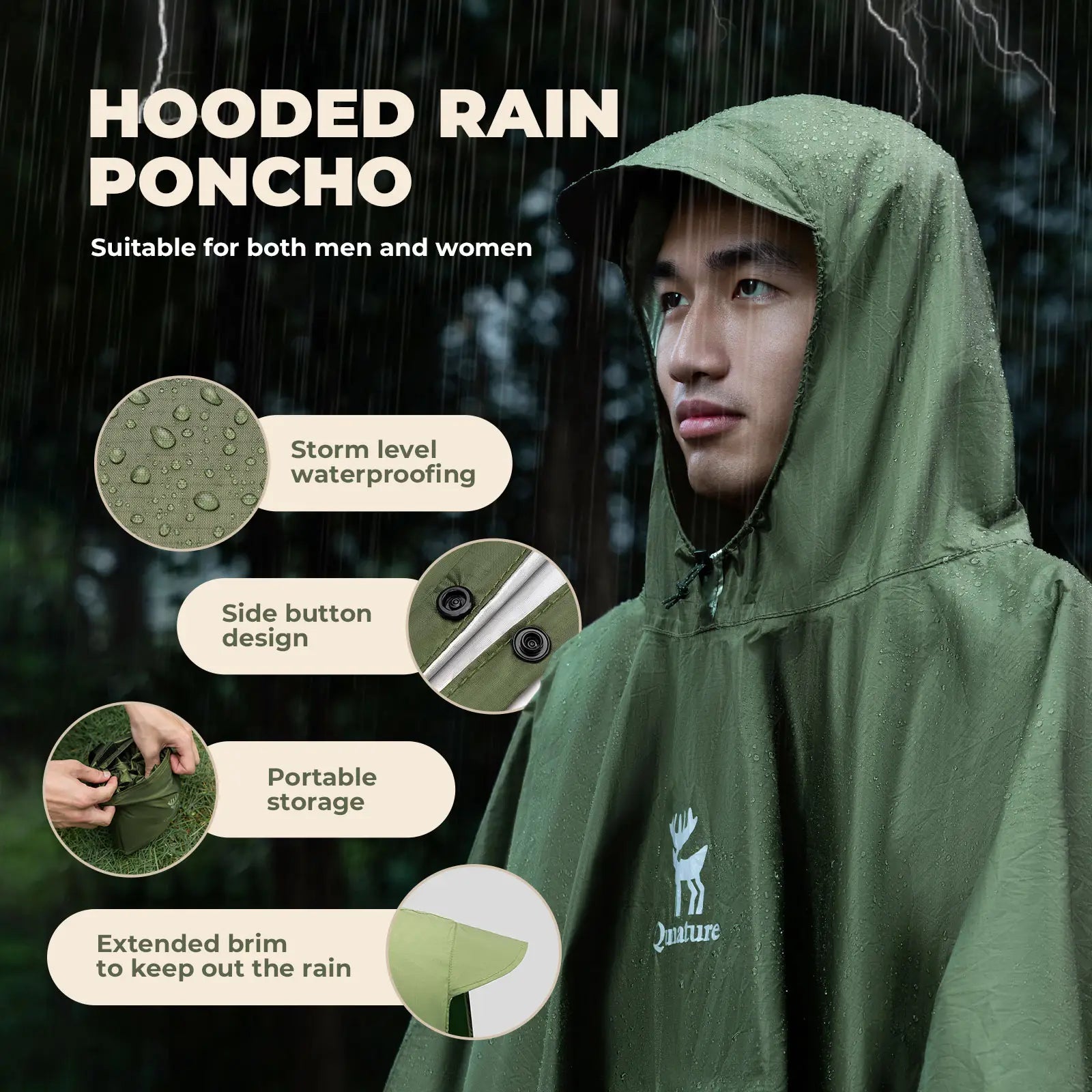 Unisex waterproof raincoat with front pocket for hiking and outdoor activities, made by Qunature Global.