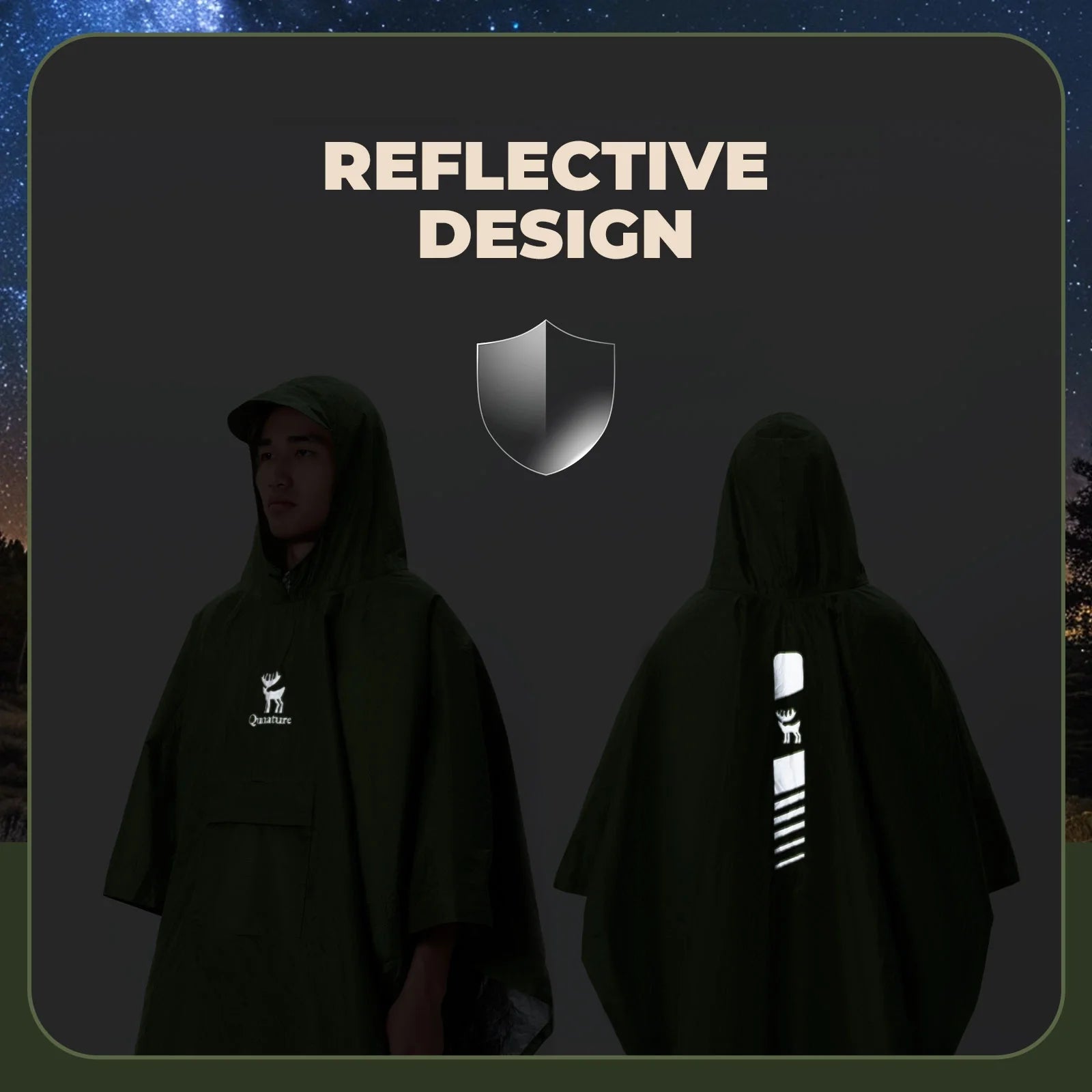 Unisex waterproof raincoat with pocket by Qunature Global, designed for hiking and outdoor activities, shown in a natural outdoor setting.