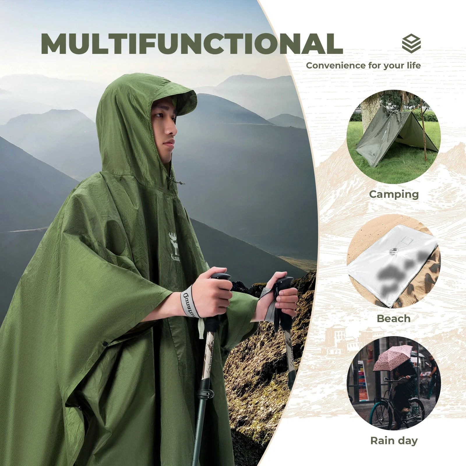 Unisex waterproof raincoat by Qunature Global with a front pocket, designed for hiking and outdoor activities.