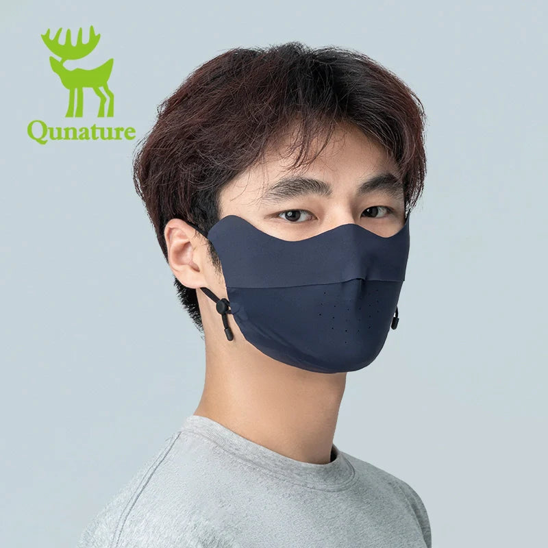 Qunature Global UV protection cool face mask, breathable with eye coverage, adjustable, reusable, designed for sun protection and comfort.