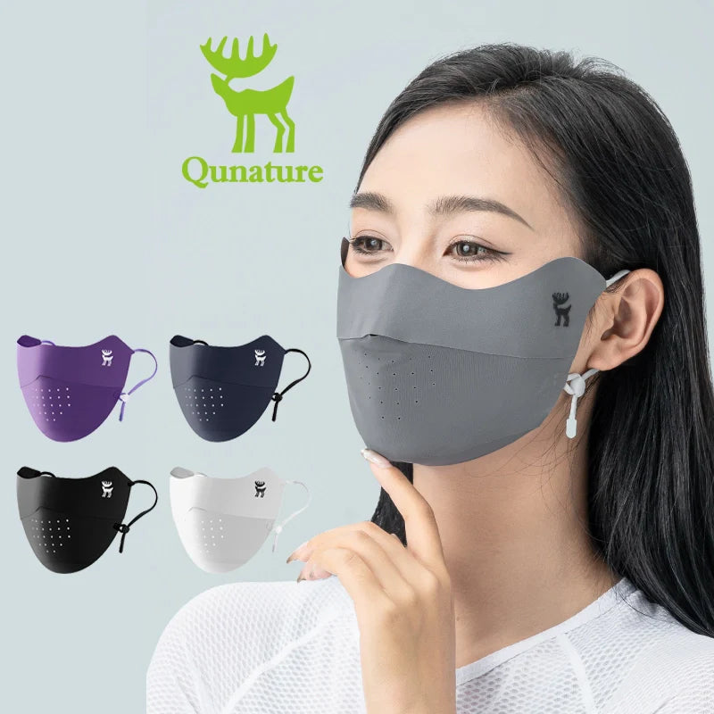 Qunature Global UV protection cool face mask, breathable with eye coverage, adjustable, reusable fabric for outdoor protection.