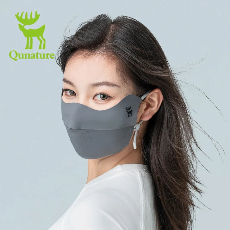 Qunature Global UV protection cool face mask with breathable fabric, eye coverage, adjustable fit, and reusable design.