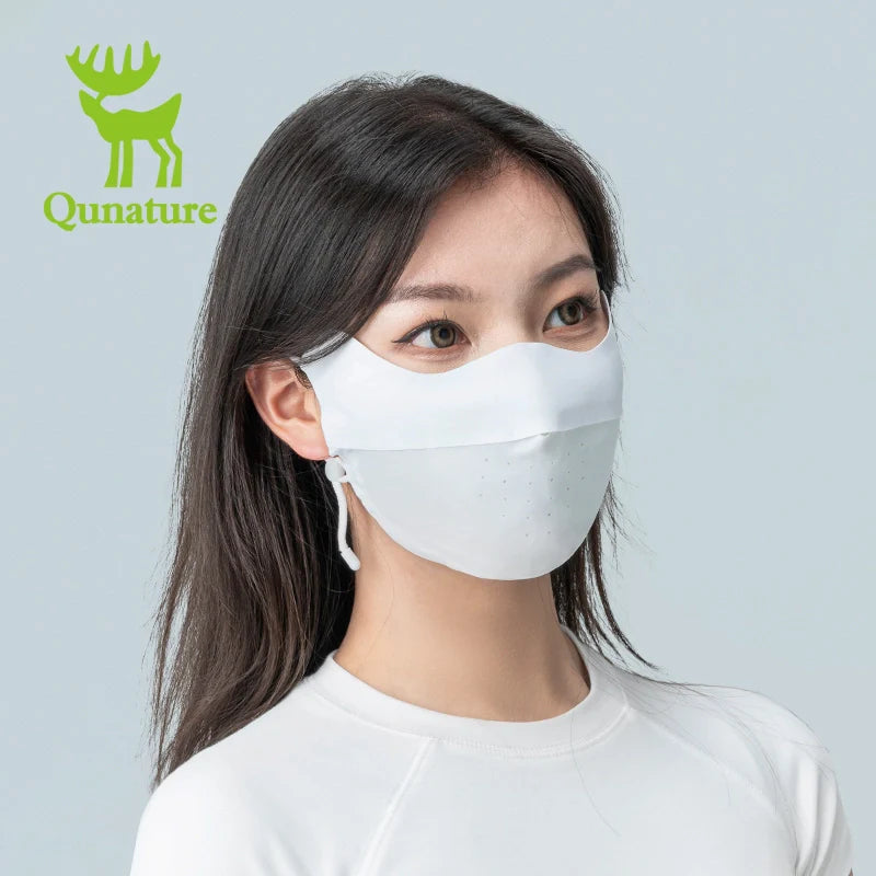 Qunature Global UV protection cool face mask with breathable fabric, eye coverage, adjustable fit, reusable for outdoor use.