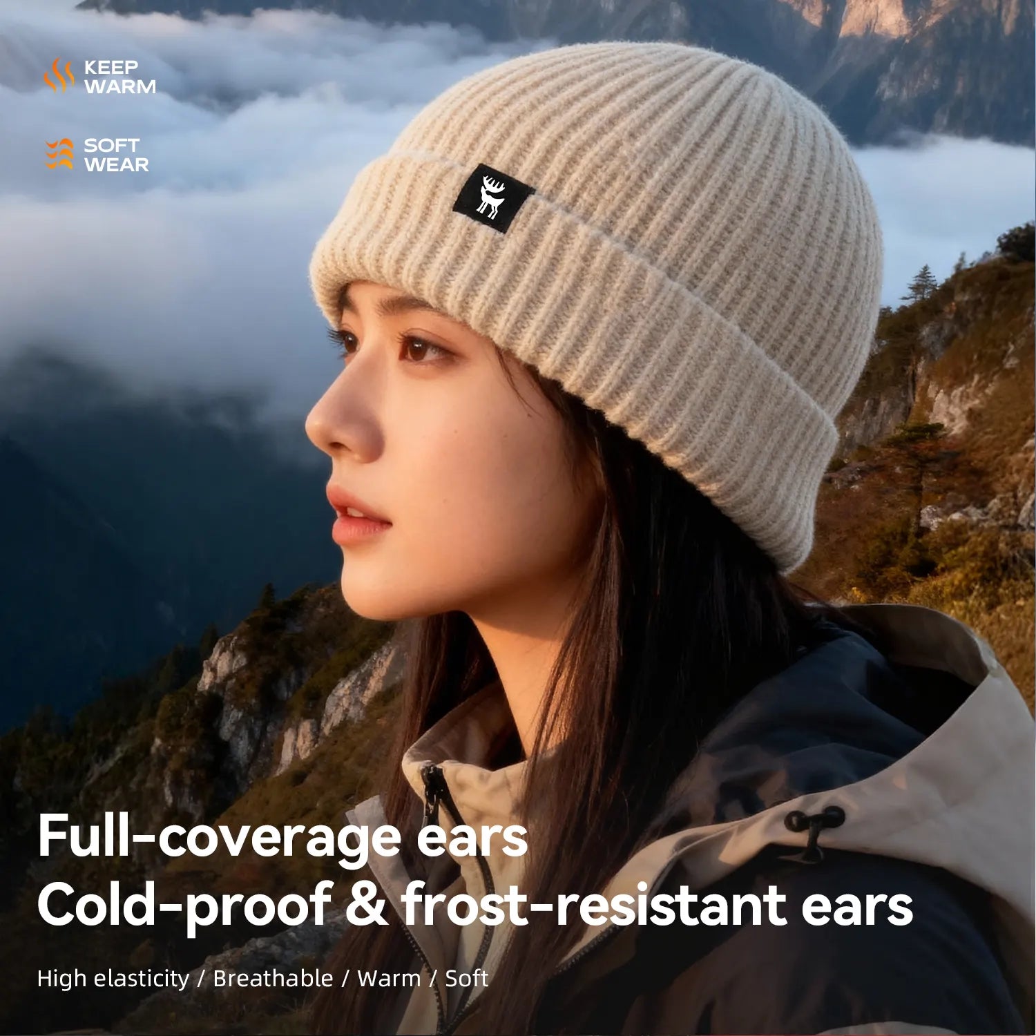 Warm full-ear knitted beanie by Qunature Global, showcasing a cozy design in a soft knit fabric, perfect for winter wear.