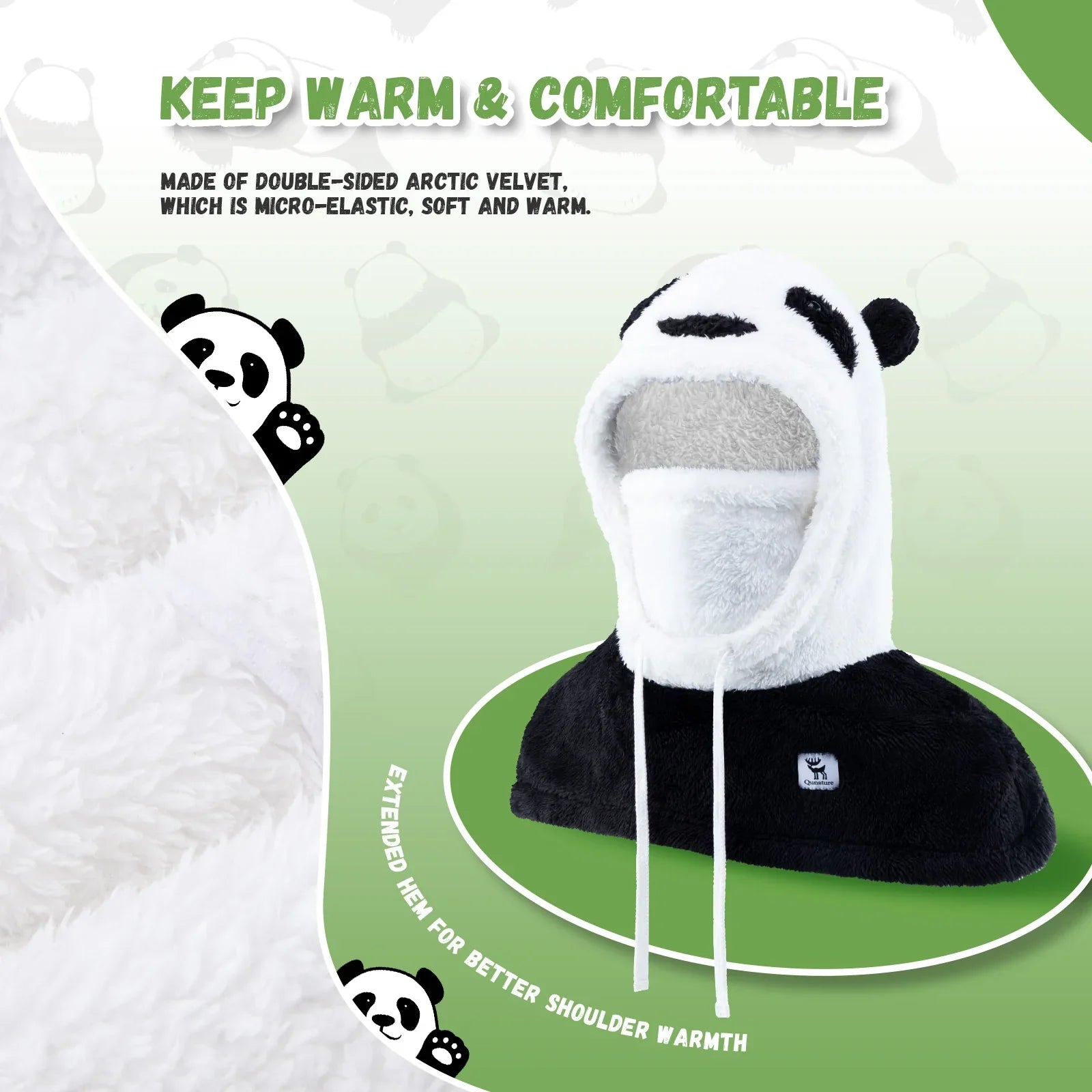 Qunature Global warm panda head cover for kids and adults, soft plush material with panda face design, cozy winter accessory.