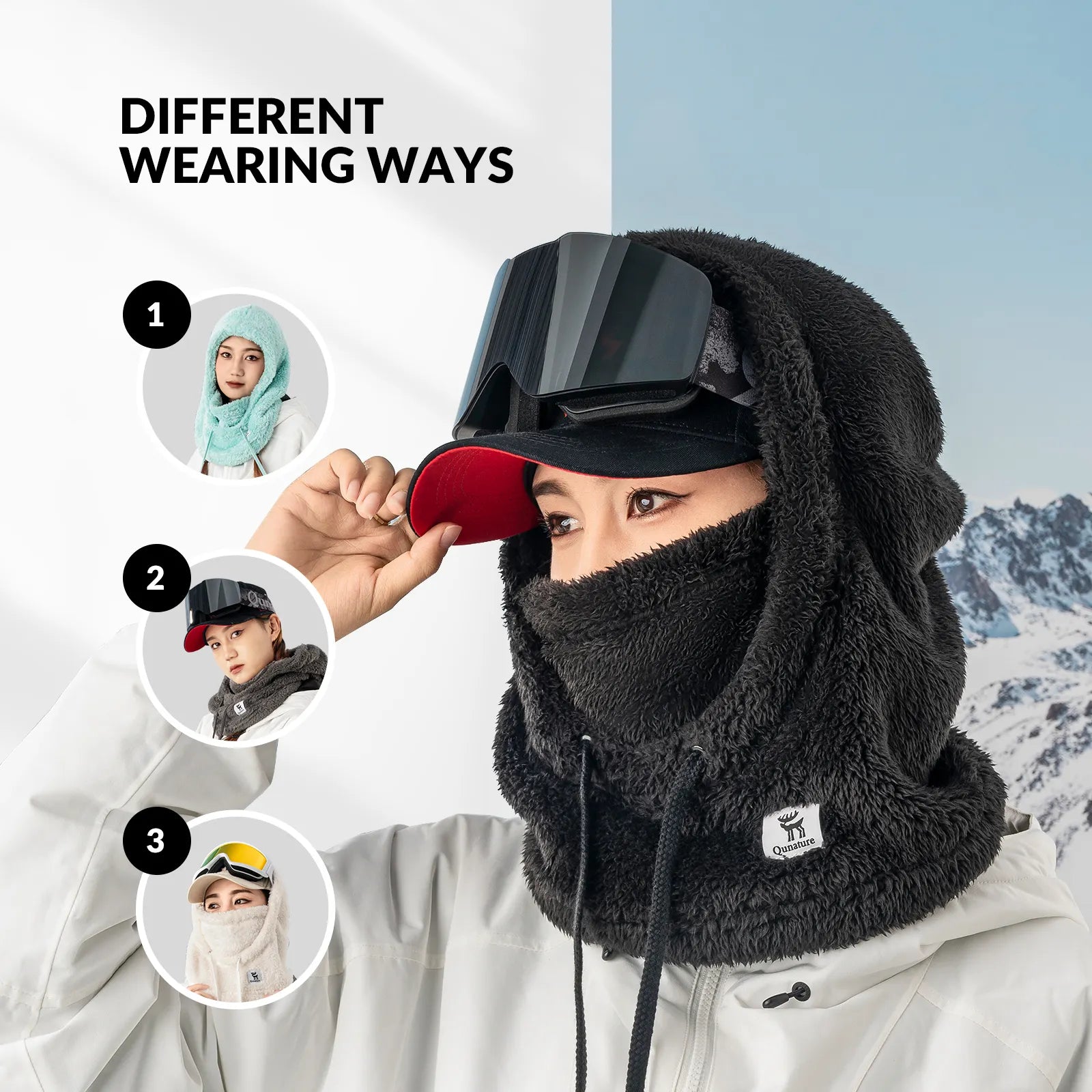 Qunature Global ski head cover with adjustable ventilation and detachable liner for winter sports protection.
