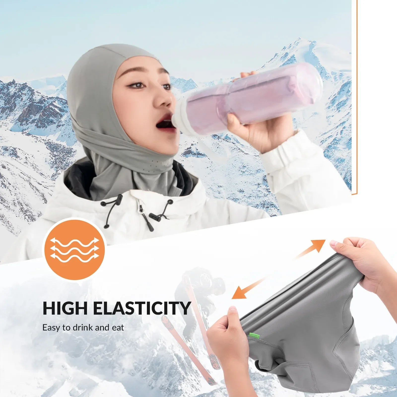 Qunature Global lycra ski headgear with thermal mask for cold-weather sports, showing close-up of the head cover and mask fit.