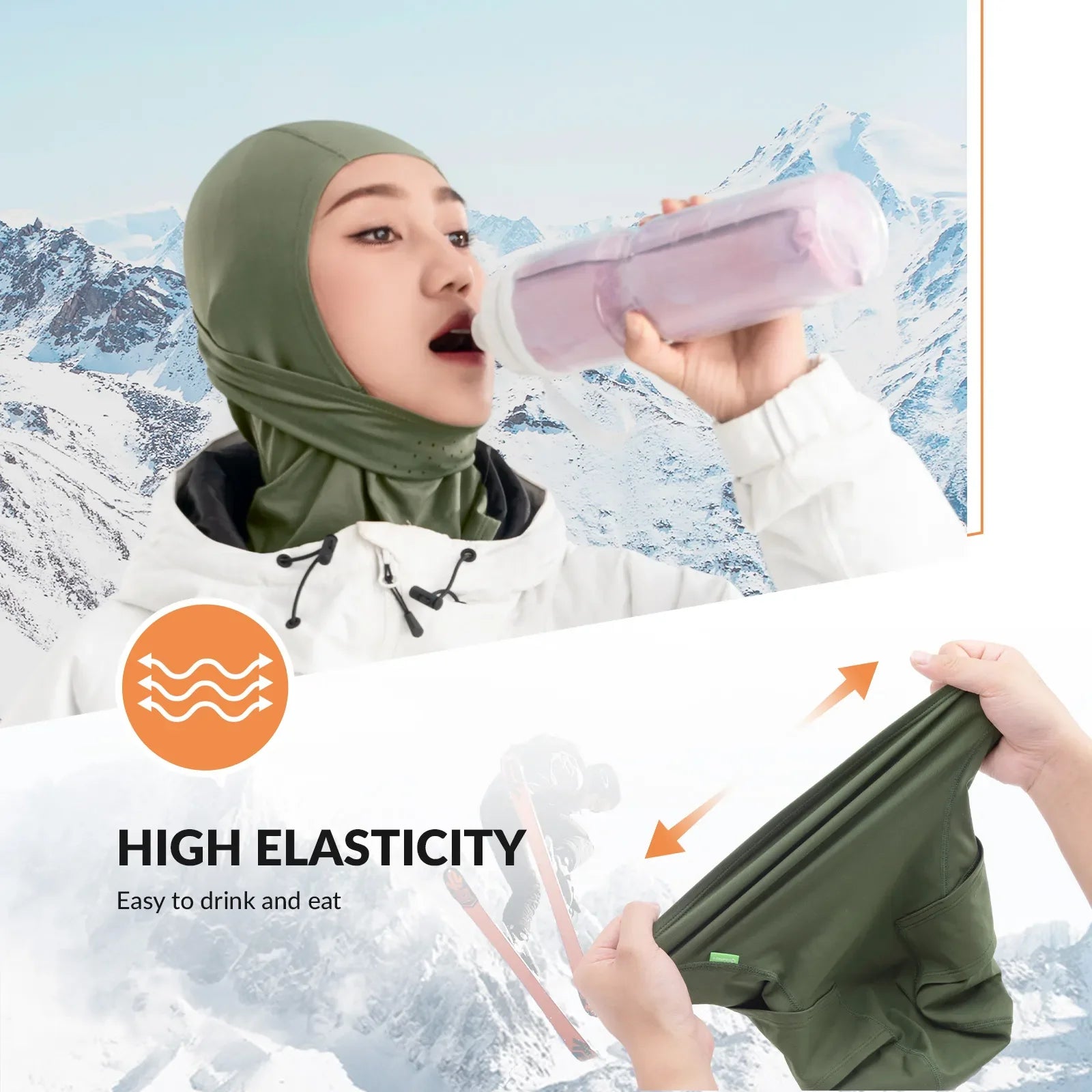Qunature Global lycra ski headgear with thermal mask, designed for cold-weather sports, showing the stretchy head cover and mask in use.