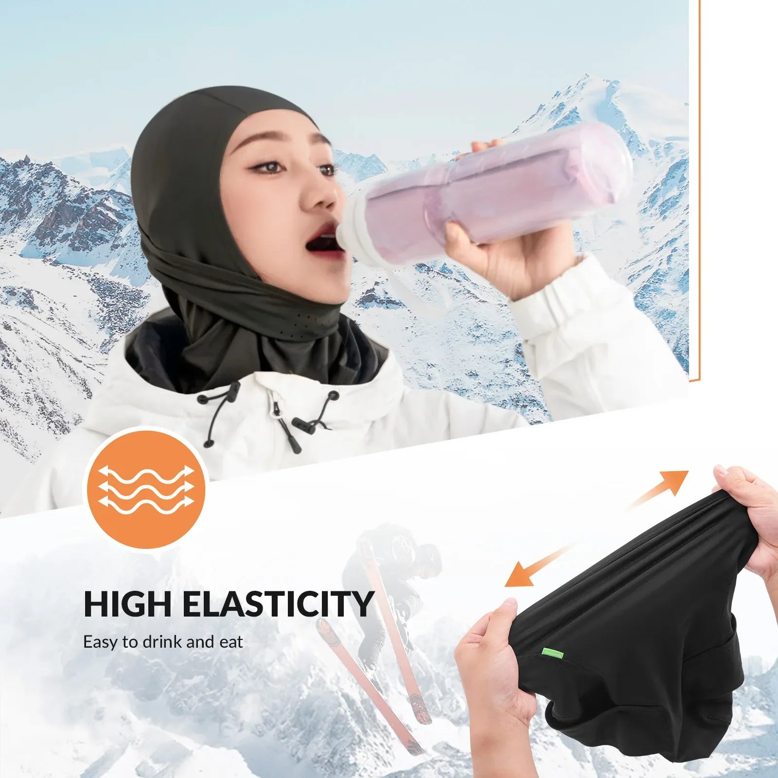 Qunature Global Lycra ski headgear with thermal mask, designed for cold-weather sports, showing the stretchy fabric and full face coverage.