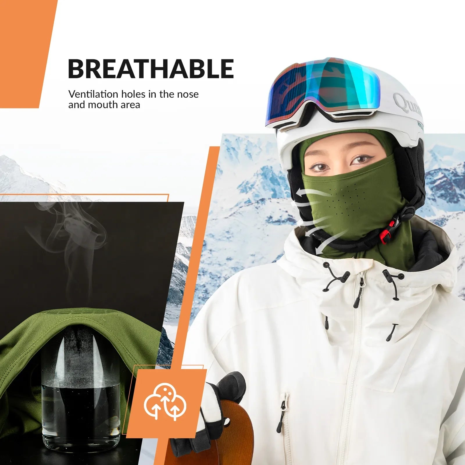 Qunature Global Lycra ski headgear with thermal mask for cold-weather sports, showing snug fit and breathable fabric.