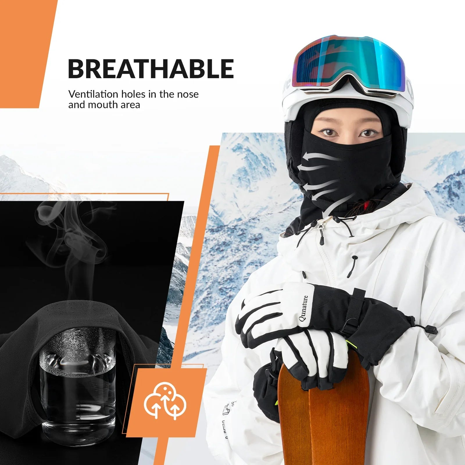 Qunature Global lycra ski headgear with thermal mask, designed for cold-weather sports, covering head and face for warmth and protection.