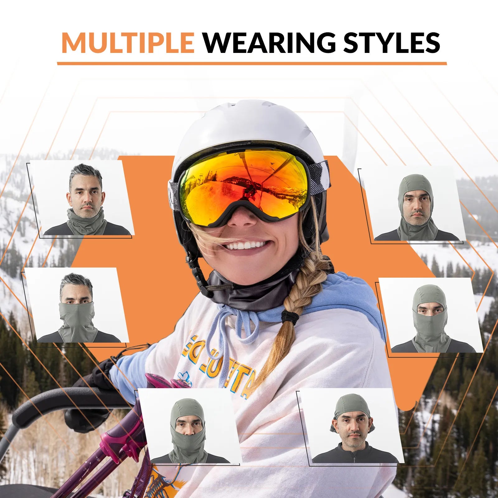 Qunature Global Lycra ski headgear with thermal mask, designed for cold-weather sports, showing snug fit and stretchy material.