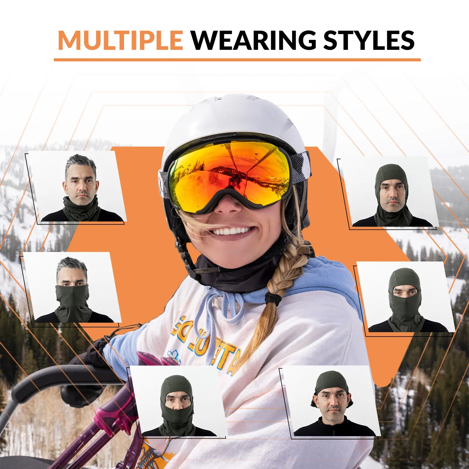 Qunature Global lycra ski headgear with thermal mask for cold-weather sports, showing the stretchy head cover and integrated mask.