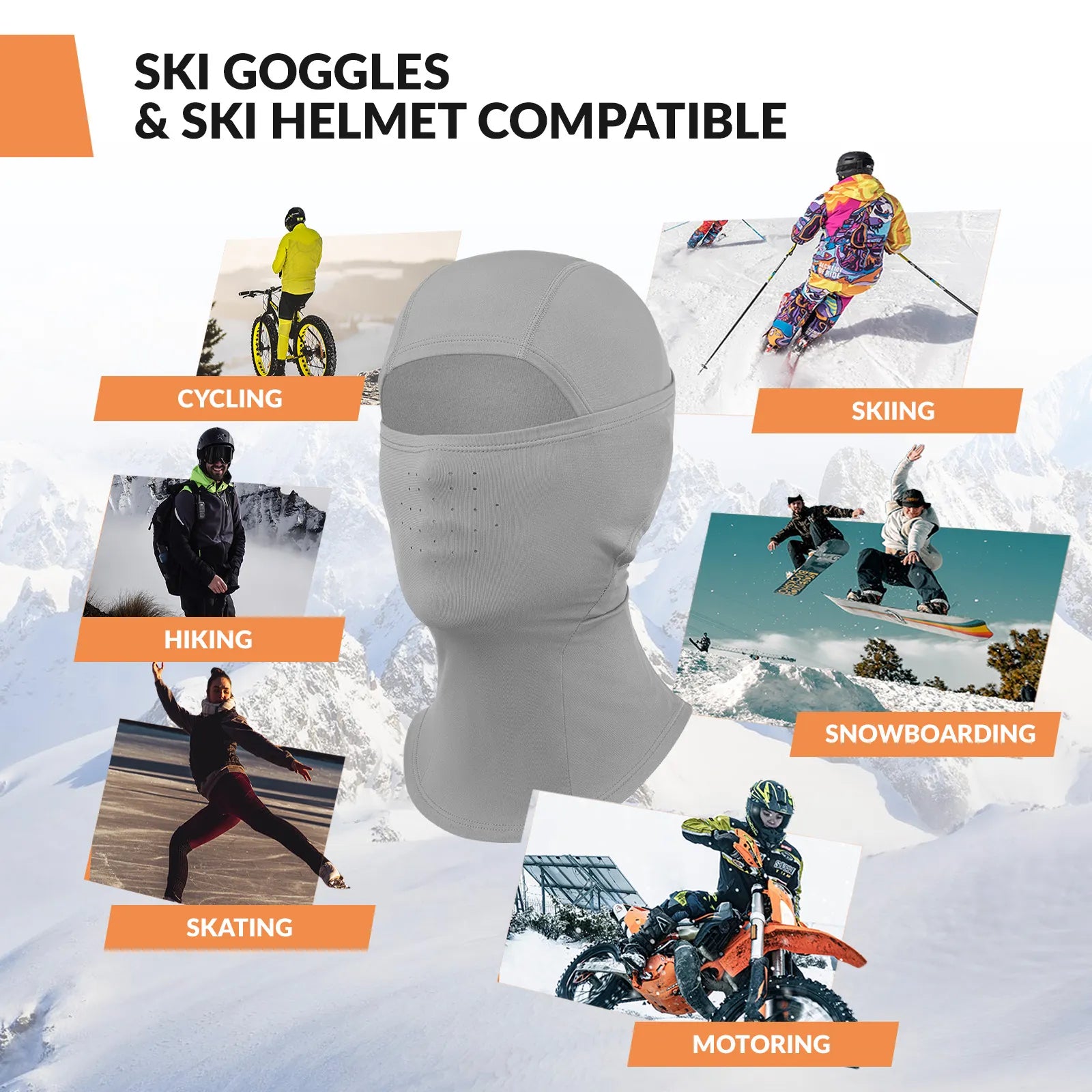 Qunature Global Lycra ski headgear with thermal mask, designed for cold-weather sports, showing a snug, stretchy head cover with mask attached.