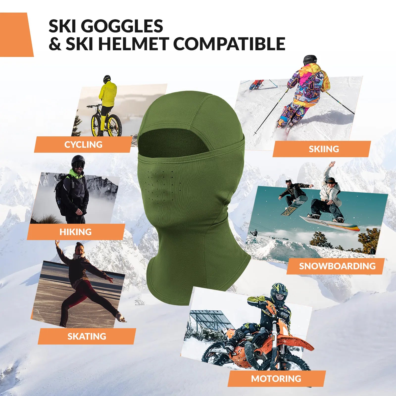 Qunature Global Lycra ski headgear with thermal mask for cold-weather sports, showing the head cover and integrated mask in use.