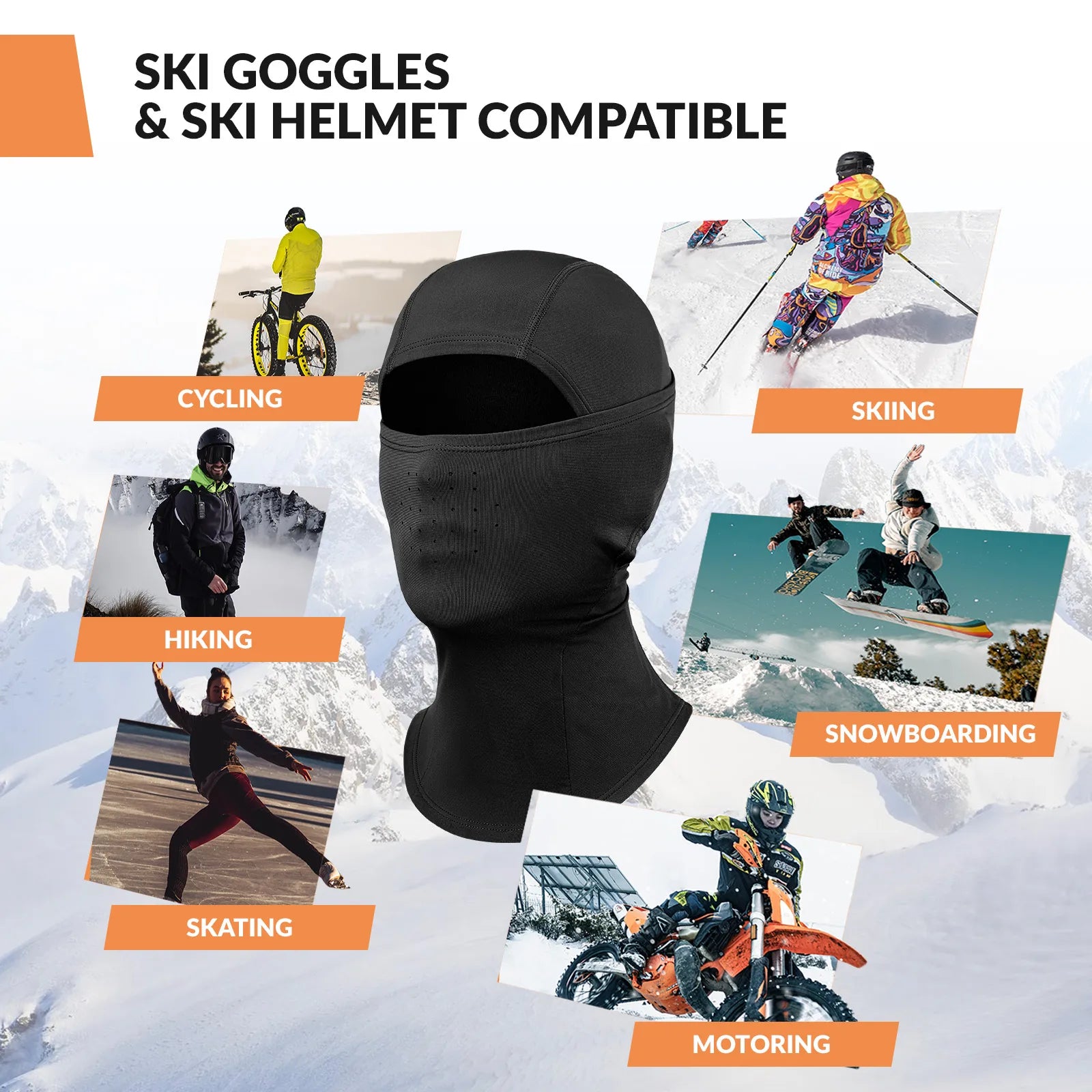 Qunature Global Lycra ski headgear with thermal mask for cold-weather sports, showing the lightweight, stretchy head cover and mask.