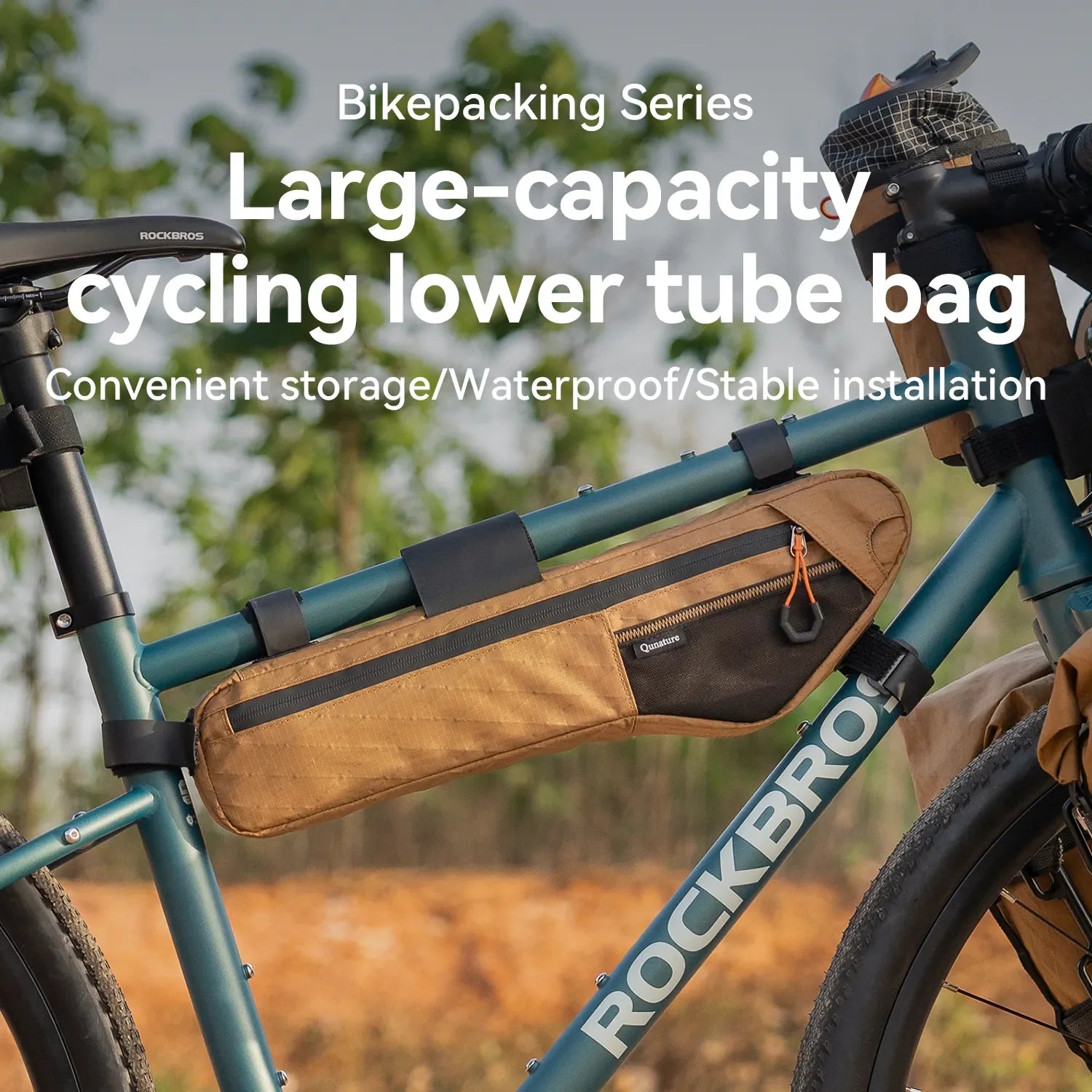 Qunature Global waterproof bikepacking down tub bag, water-repellent frame bag with 3.5L, 4.2L, or 5L capacity for cycling gear