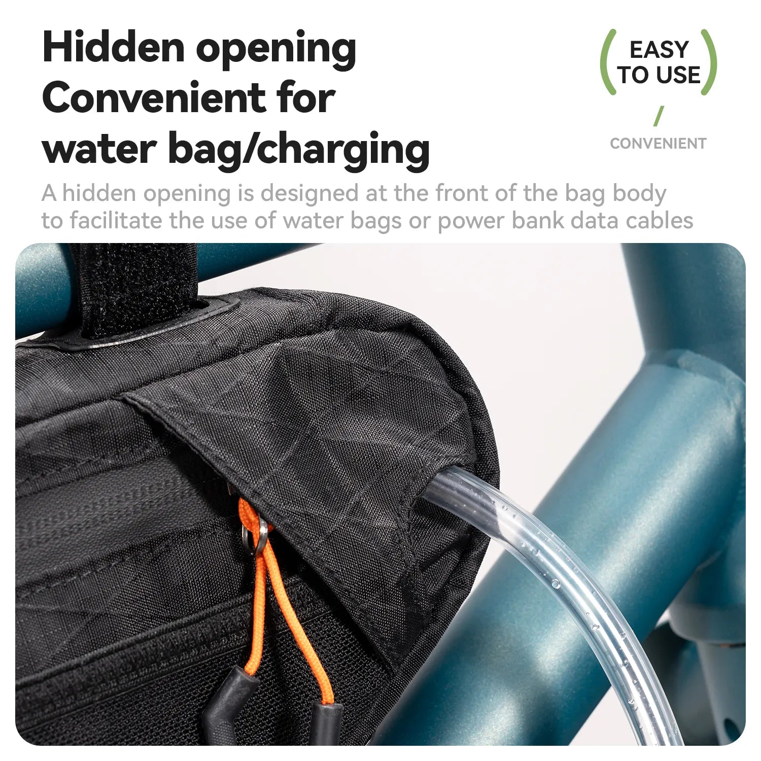 Qunature Global waterproof bikepacking down tube bag in black, with water-repellent fabric, 3.5L to 5L capacity, mounted on a bike frame.