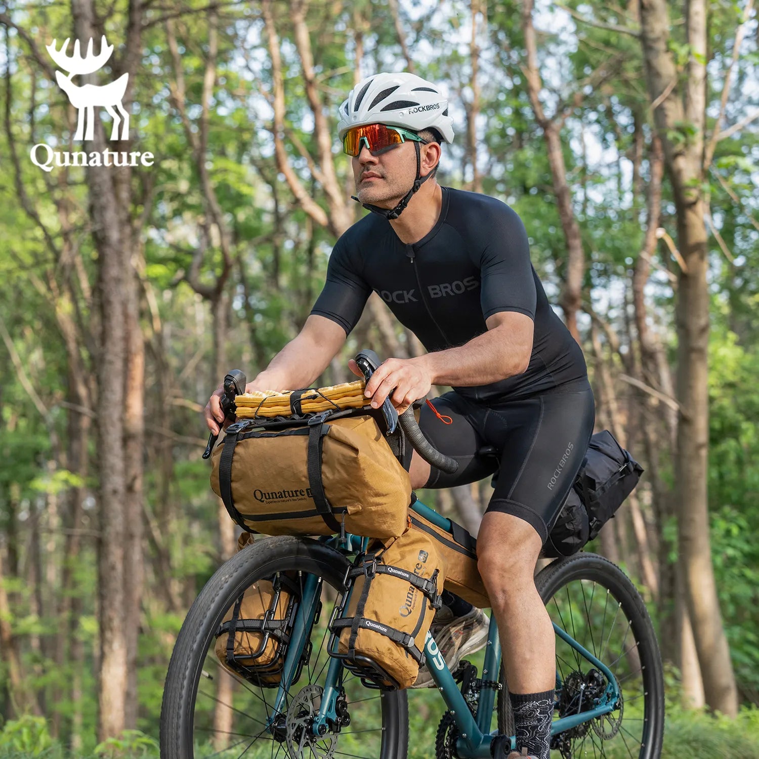 Water-repellent Qunature Global bikepacking down tub bag with 3.5L, 4.2L, or 5L capacity, shown attached to a bike frame.
