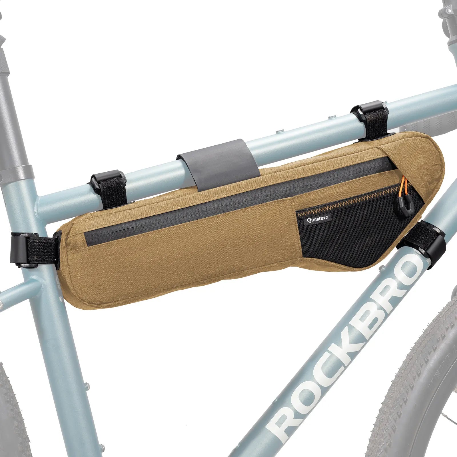Qunature Global waterproof bike down tube bag for bikepacking, available in 3.5L, 4.2L, and 5L sizes, water-repellent design