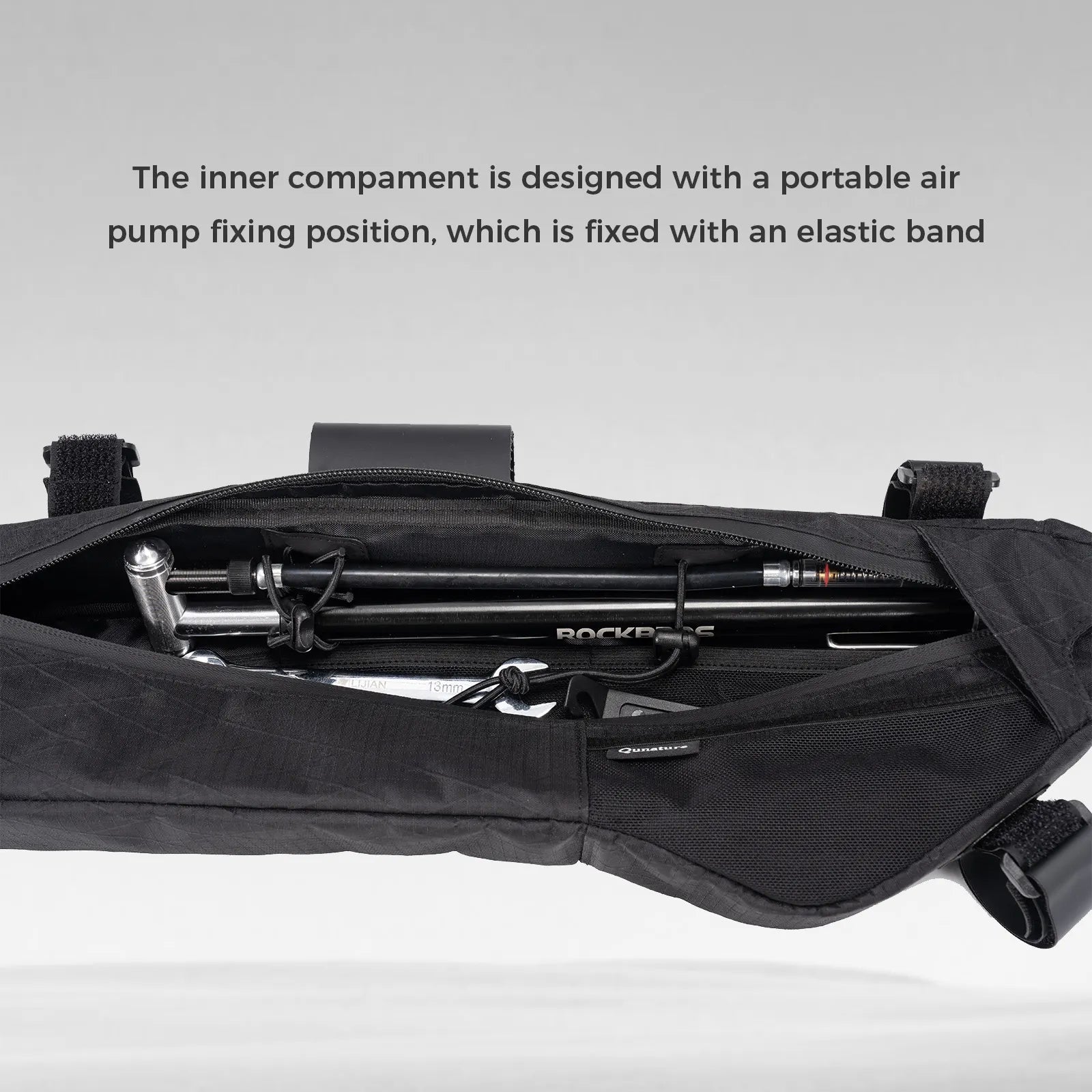 Qunature Global waterproof bike down tube bag for bikepacking, 3.5L, 4.2L, or 5L capacity, water-repellent and compact.