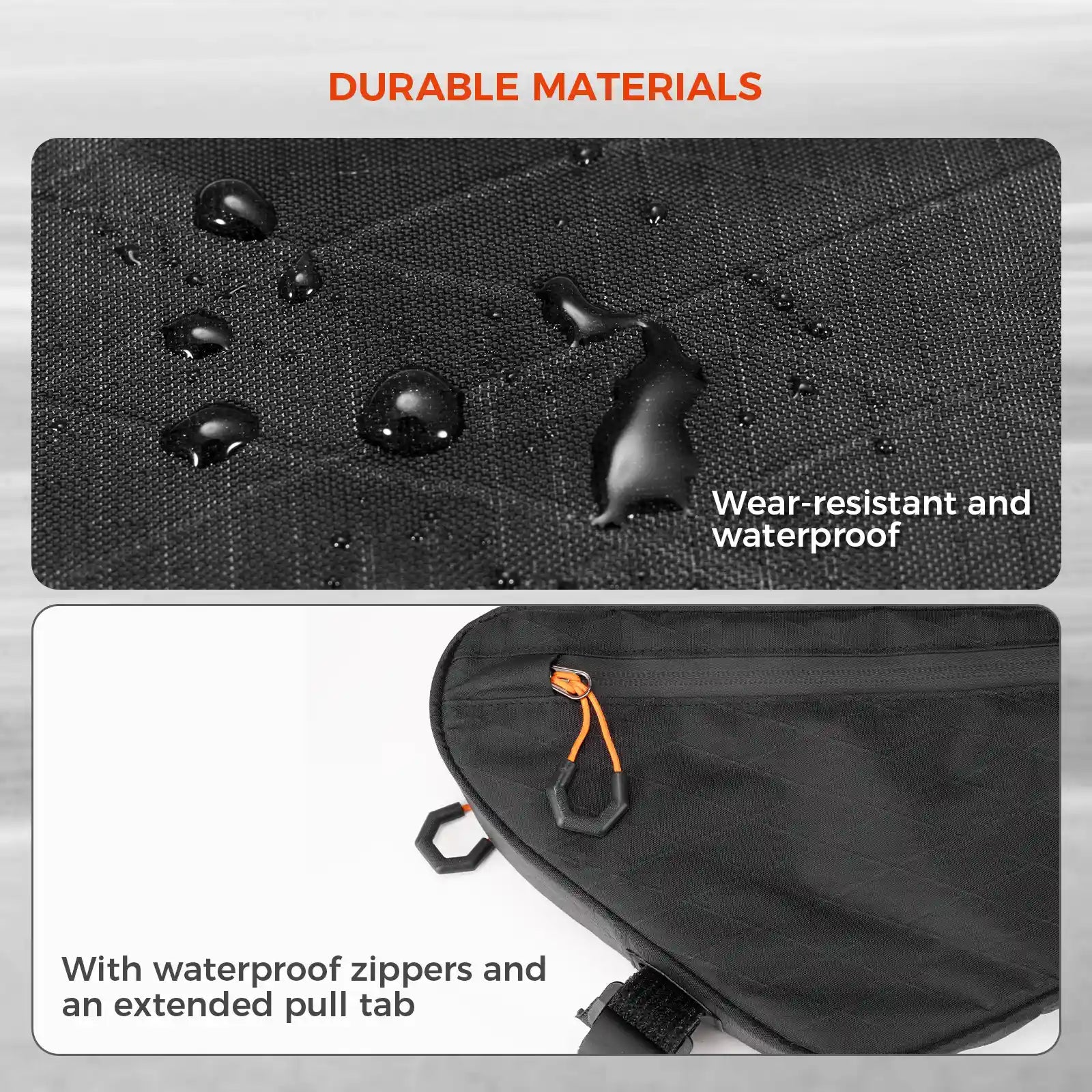 Qunature Global waterproof bikepacking down tub frame bag in 3.5L, 4.2L, or 5L size, designed for water-repellent bike storage.