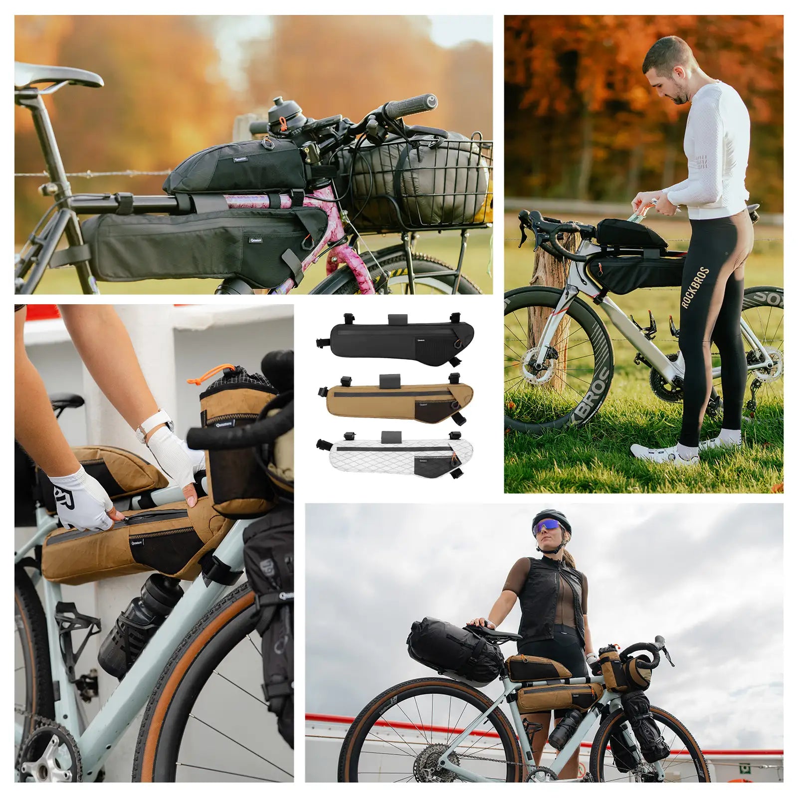 Qunature Global waterproof bikepacking down tub bag with 3.5L, 4.2L, or 5L capacity, designed for water-repellent bike frame storage.