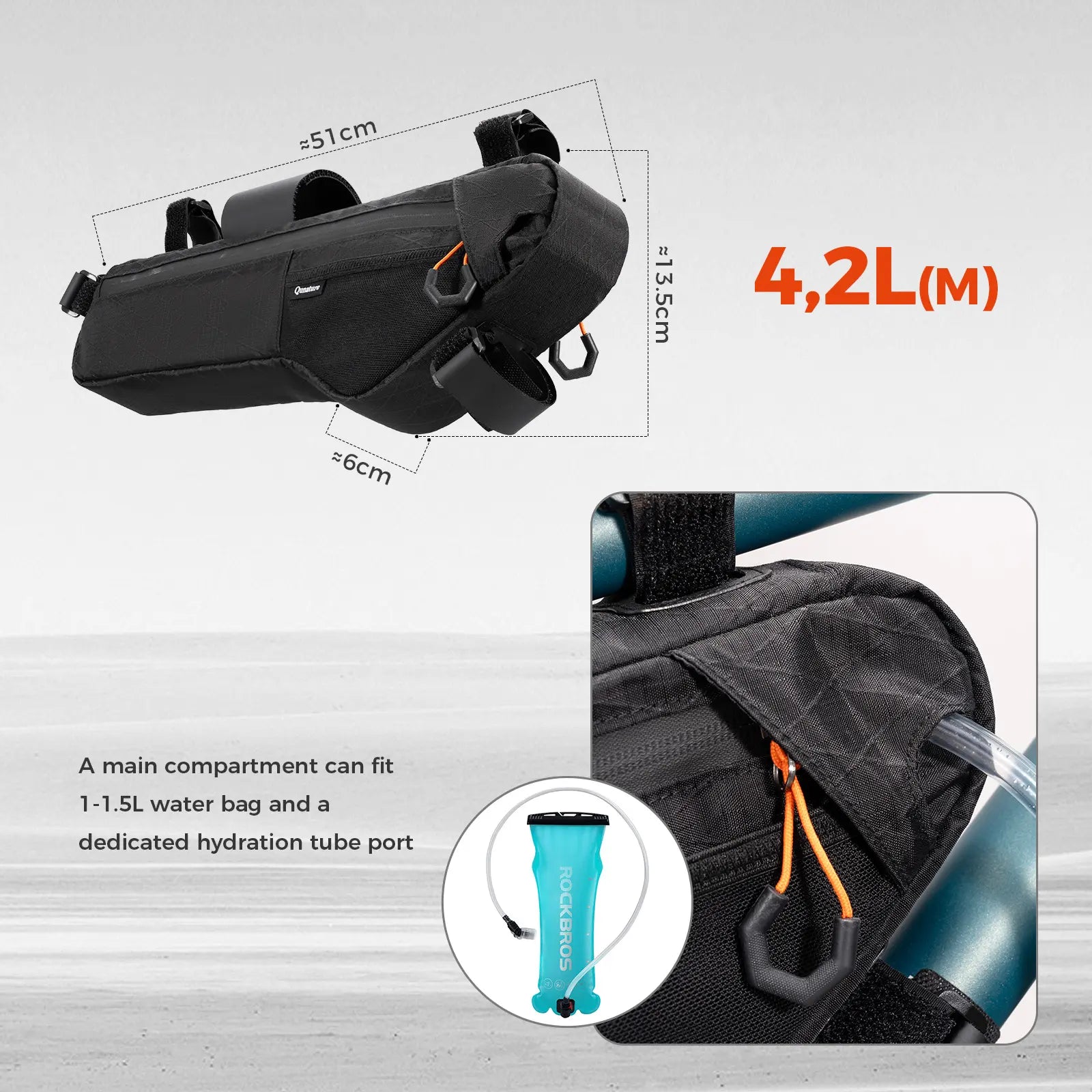 Qunature Global waterproof bikepacking down tube bag in black, 3.5L to 5L capacity, designed for bikepacking and bike storage.