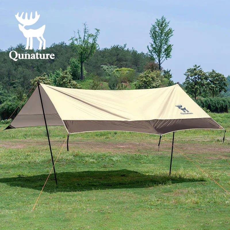 Qunature Global waterproof canopy with UPF50+ sun shelter for camping, providing shade and protection outdoors.