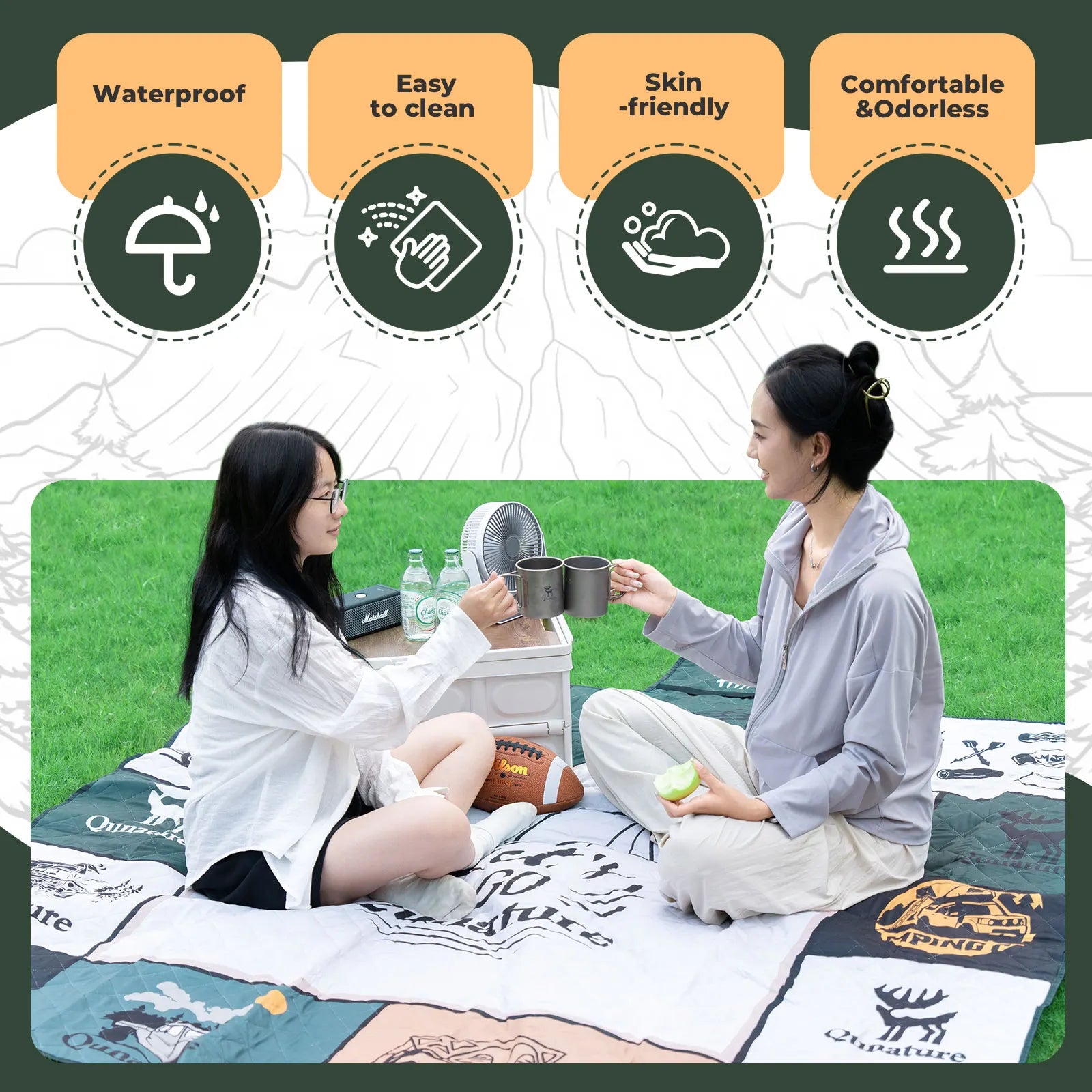 Qunature Global waterproof outdoor picnic ground mat, spacious for 6-8 people with heat-insulating and weather-resistant features.