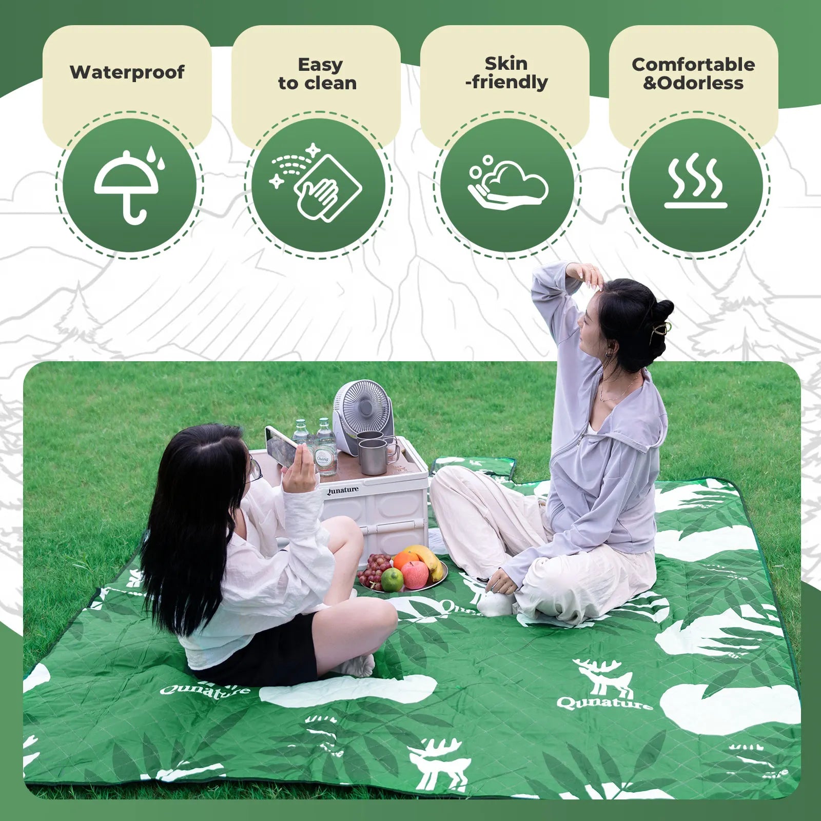 Qunature Global waterproof outdoor picnic ground mat, heat-insulating and spacious for 6-8 people, ideal for camping and outdoor gatherings.