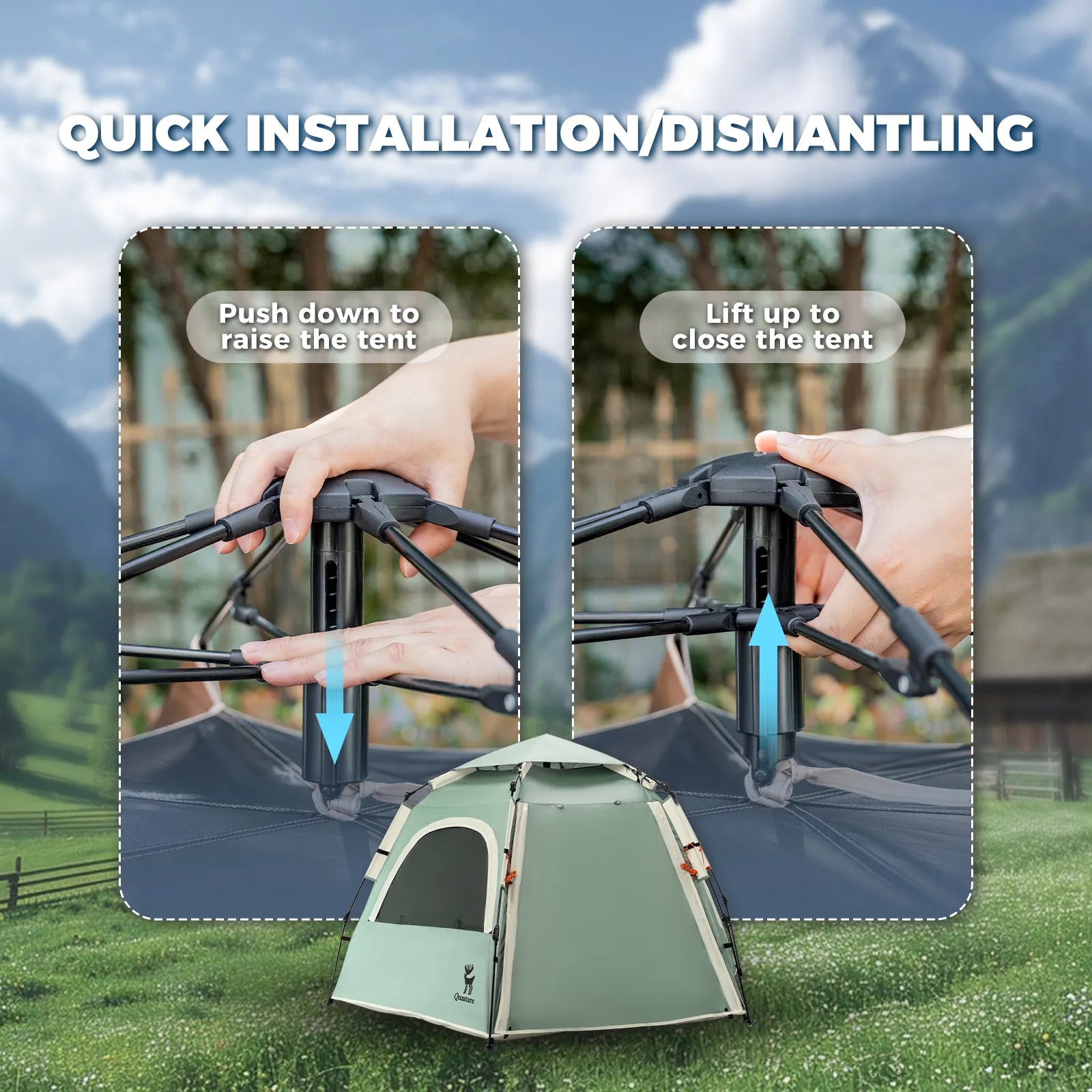 Qunature Global waterproof hexagonal tent with quick setup design, lightweight and UPF50+ UV protection for outdoor camping.