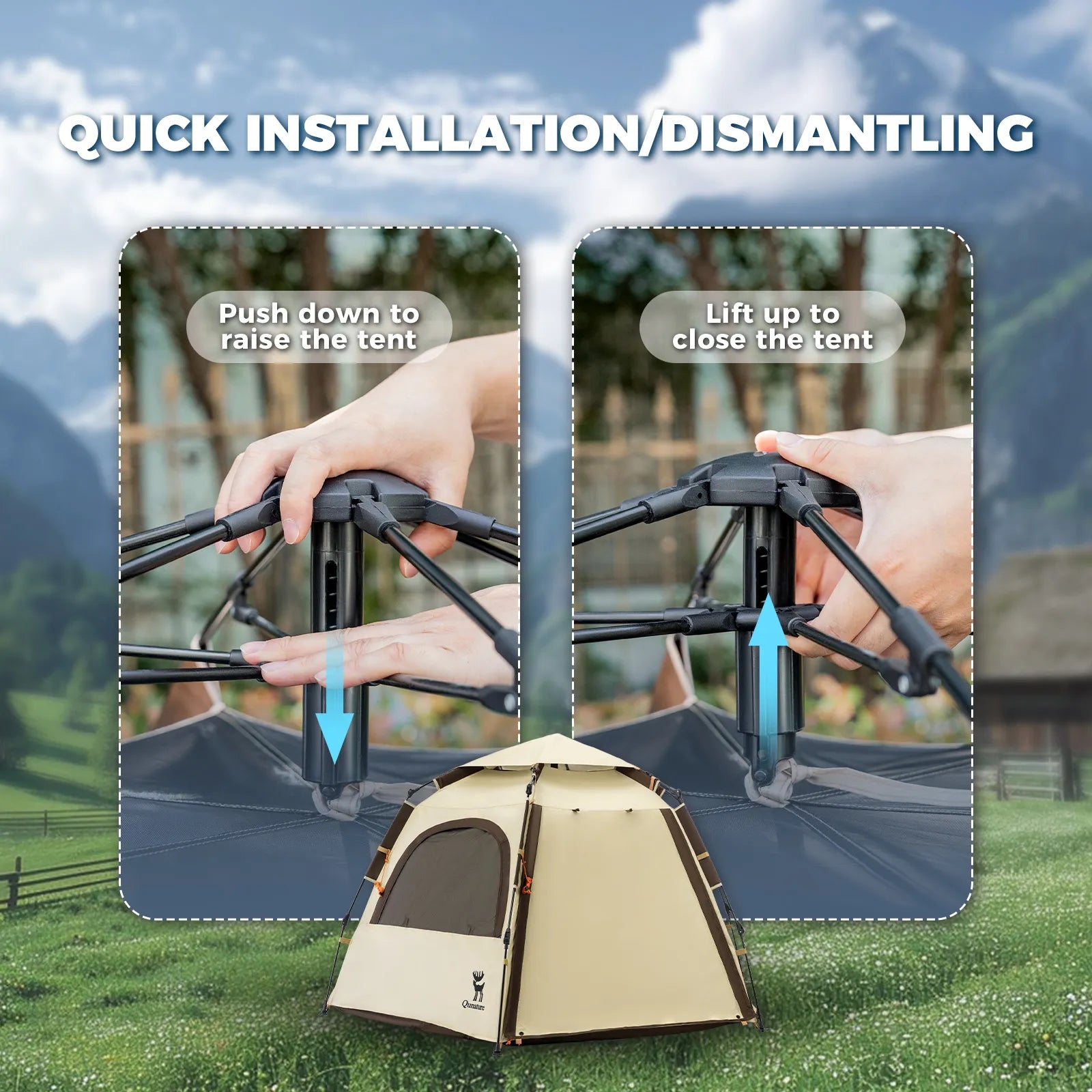 Qunature Global waterproof hexagonal tent with quick setup design, lightweight and UPF50+ sun protection, suitable for outdoor camping.