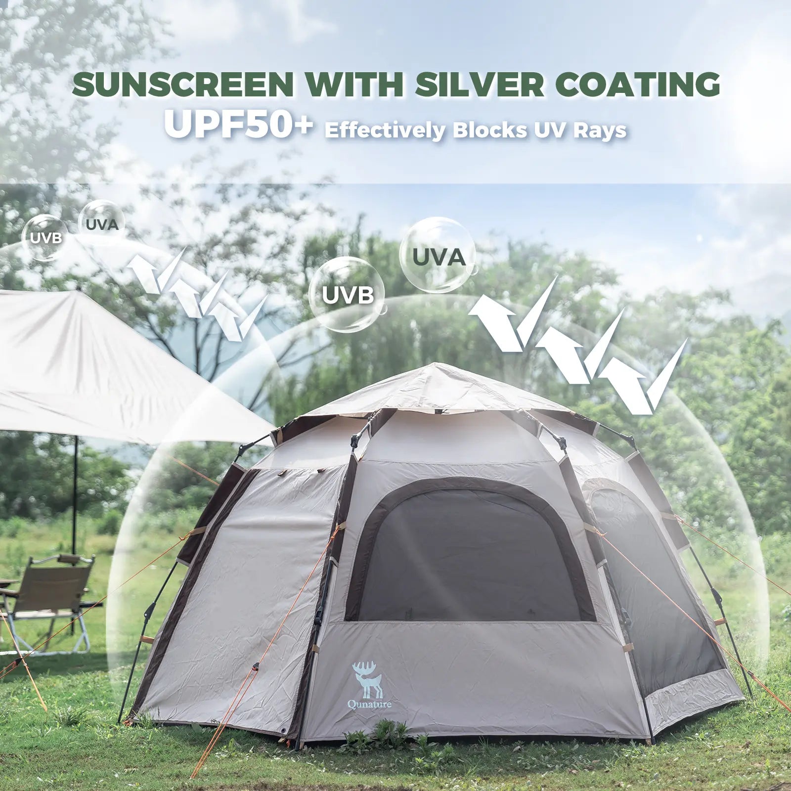 Qunature Global waterproof hexagonal tent with quick setup, lightweight design, and UPF50+ sun protection, suitable for outdoor camping.
