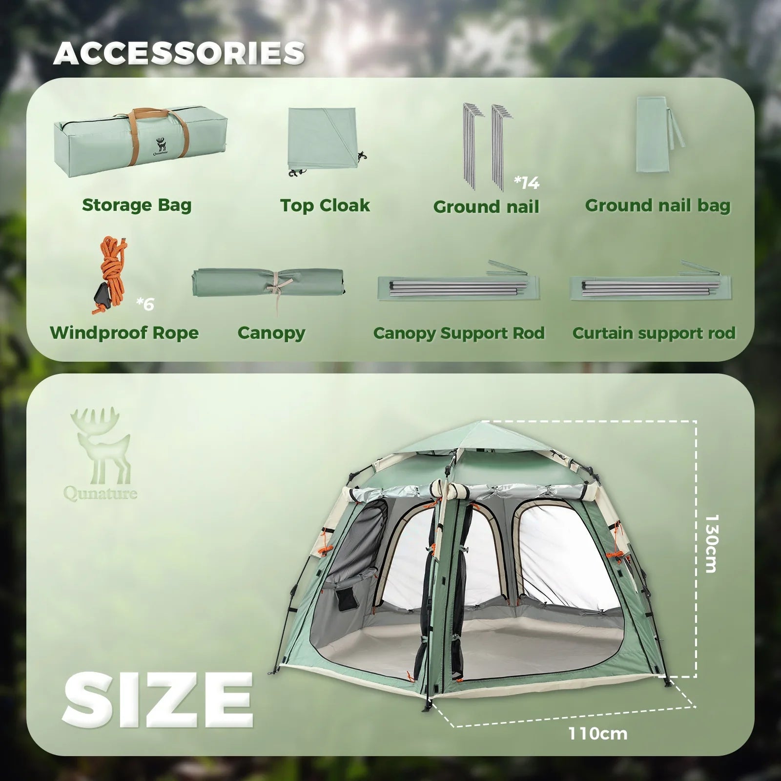 Qunature Global waterproof hexagonal tent with quick setup, lightweight design, and UPF50+ sun protection, suitable for outdoor camping.